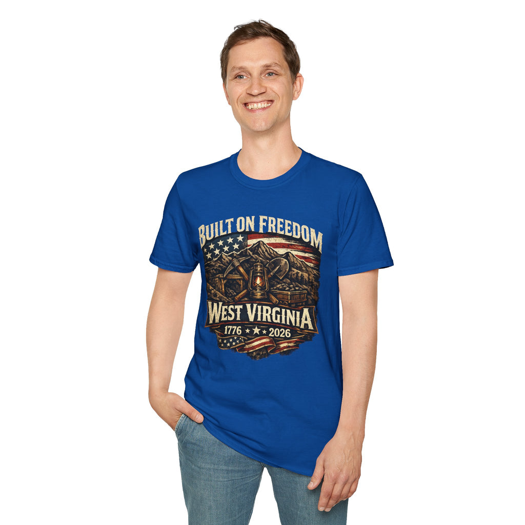 America 250 T-Shirt — Built on Freedom West Virginia Vintage Flag Mountain
