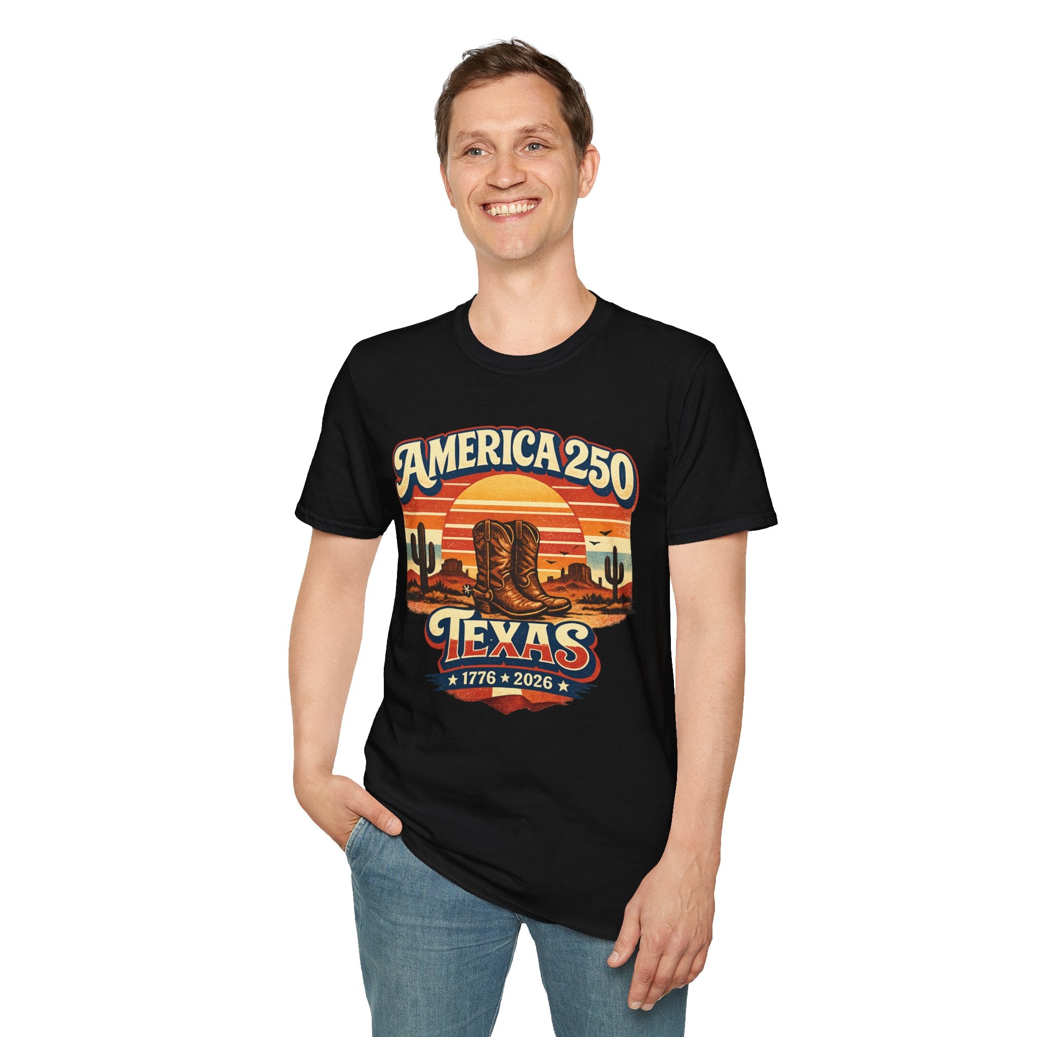America 250 Texas T-Shirt — 1776–2026 Retro Cowboy Boots Sunset Design