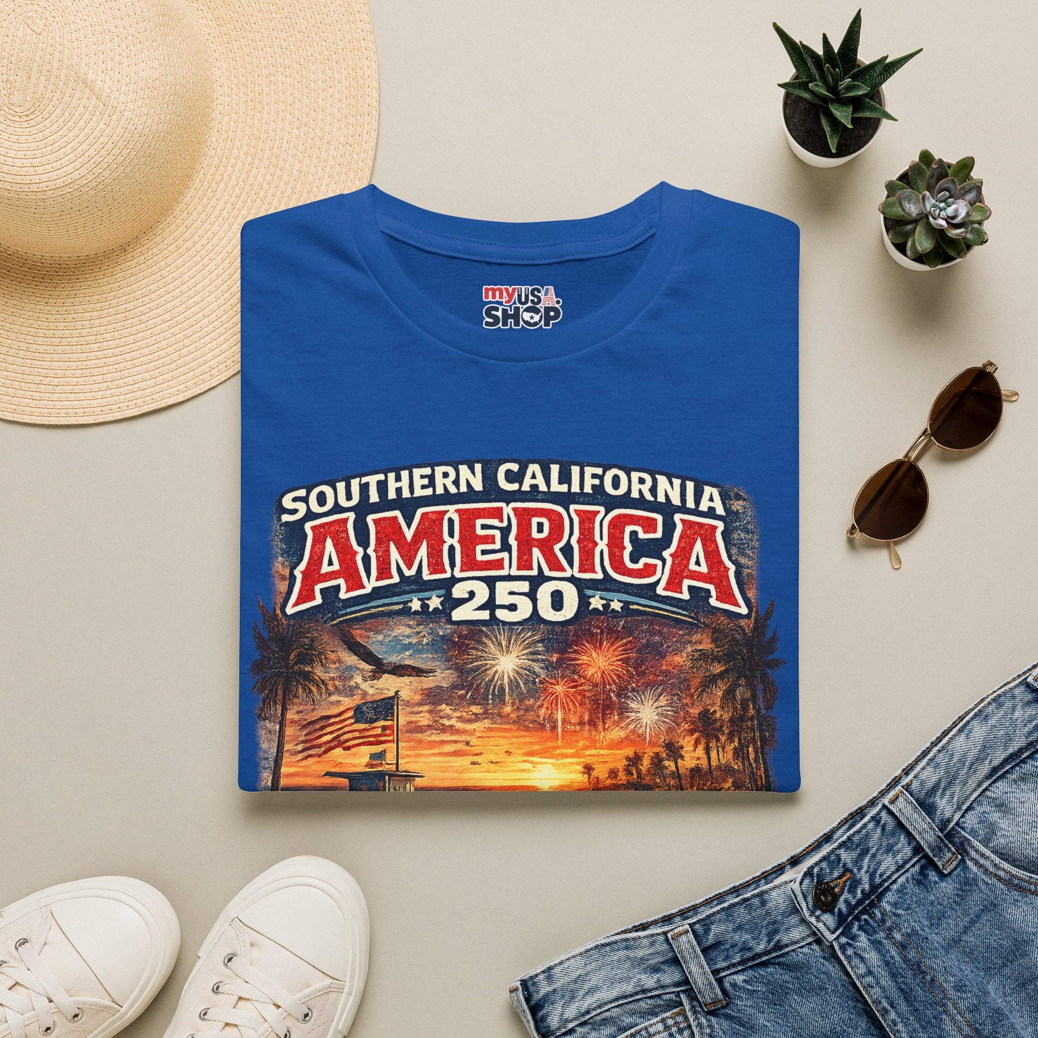 America 250 Southern California Sunset T-Shirt — Patriotic 4th of July Beach Vintage Tee