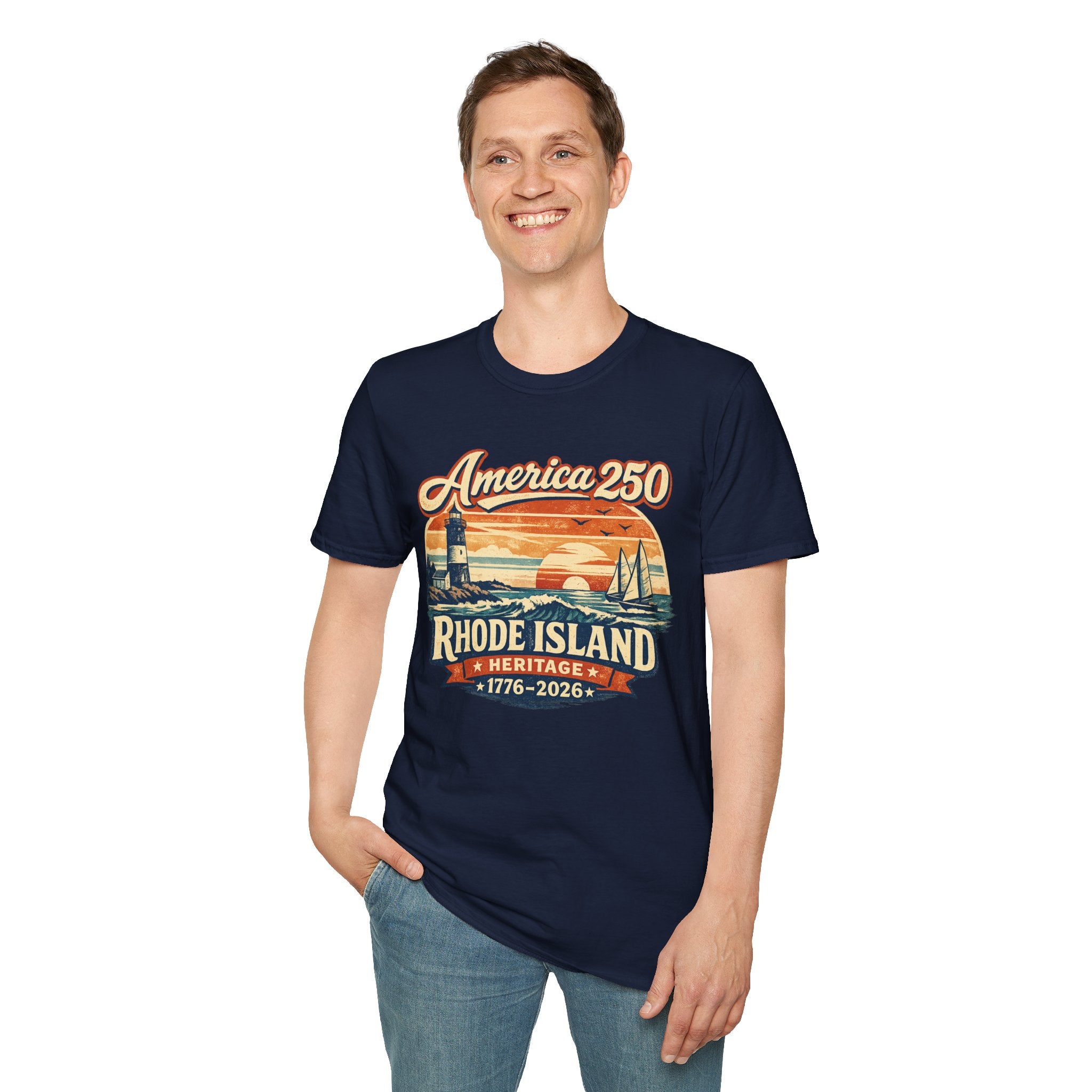 America 250 Rhode Island Heritage Shirt — Coastal Lighthouse Sunset Tee