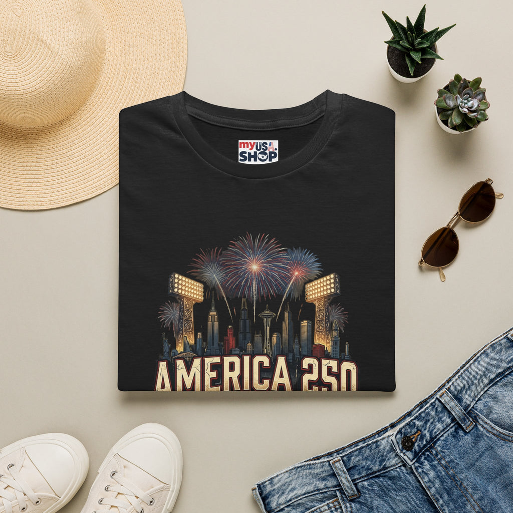 America 250 Celebration T‑Shirt — Hometown Legends Fireworks Skyline Pop Culture