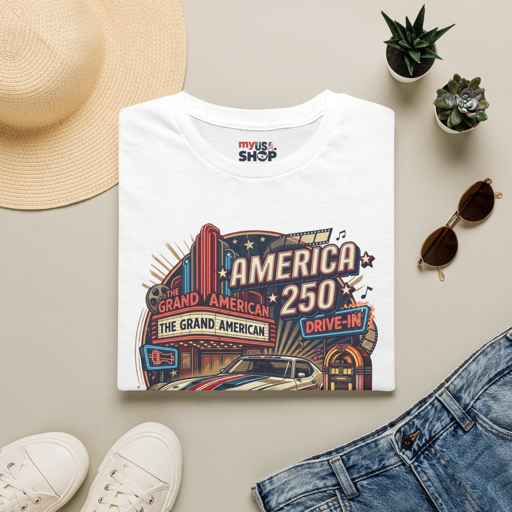 America 250 Vintage Drive-In Car T-Shirt — "Born to Entertain the World" Pop Culture