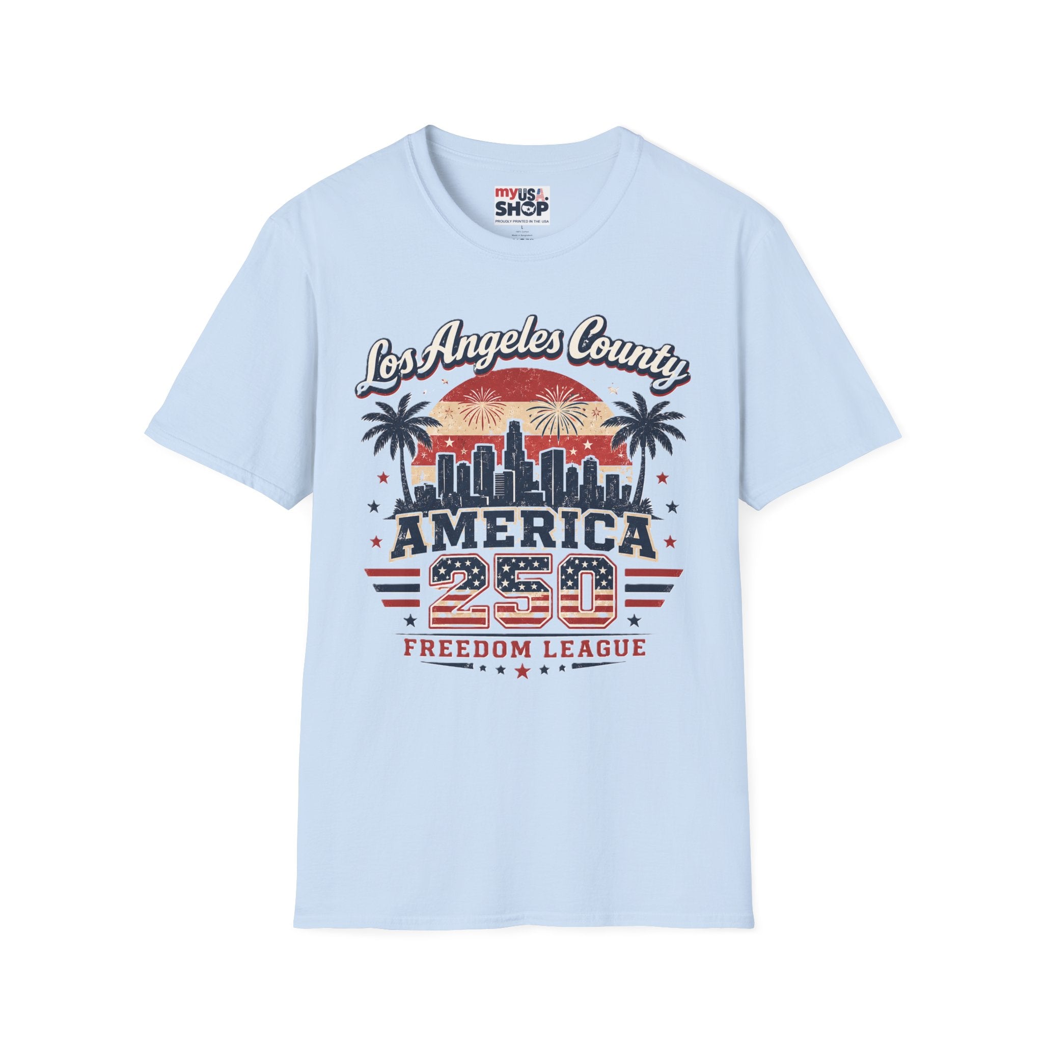 Los Angeles County Skyline T-Shirt — Vintage American 250 Fireworks Design