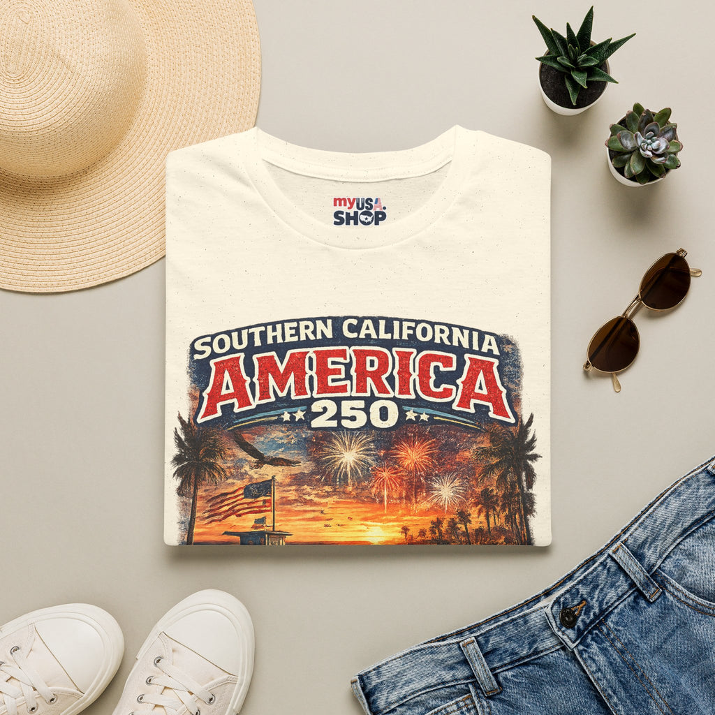 America 250 Southern California Sunset T-Shirt — Patriotic 4th of July Beach Vintage Tee