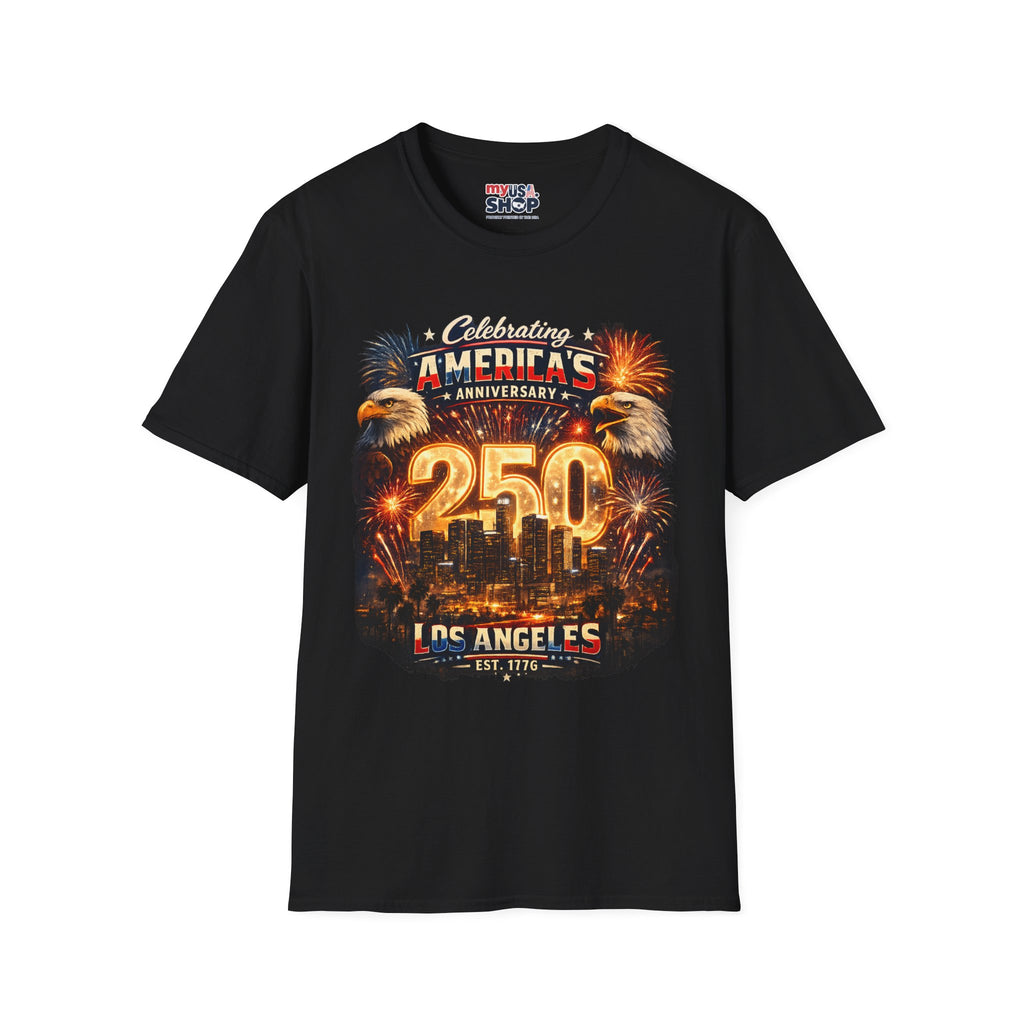 America 250 Los Angeles Celebrating Americas Anniversary Dual Eagle Skyline Fireworks California Tee