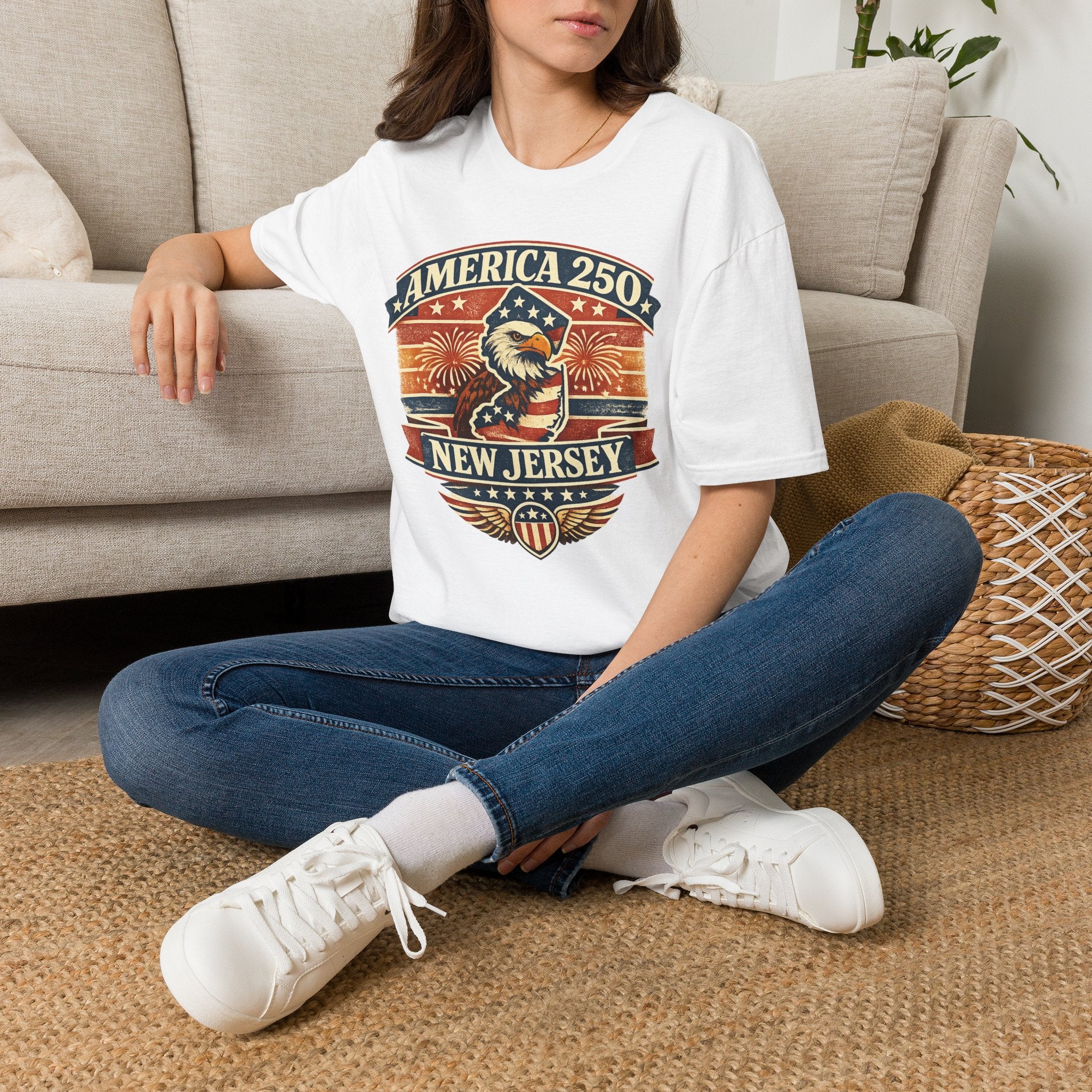 America 250 New Jersey T‑Shirt — Patriotic Bald Eagle & Fireworks Tee
