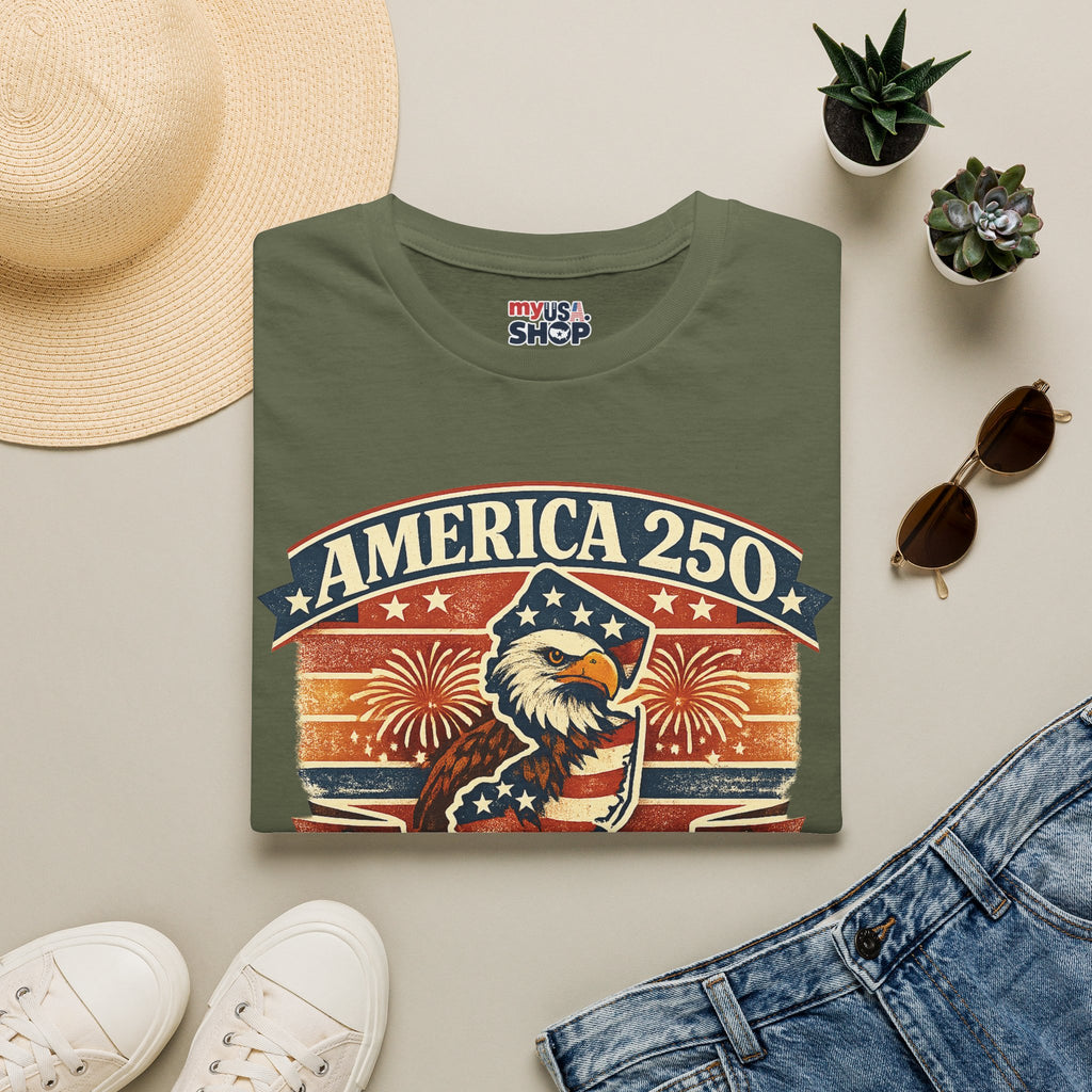 America 250 New Jersey T‑Shirt — Patriotic Bald Eagle & Fireworks Tee