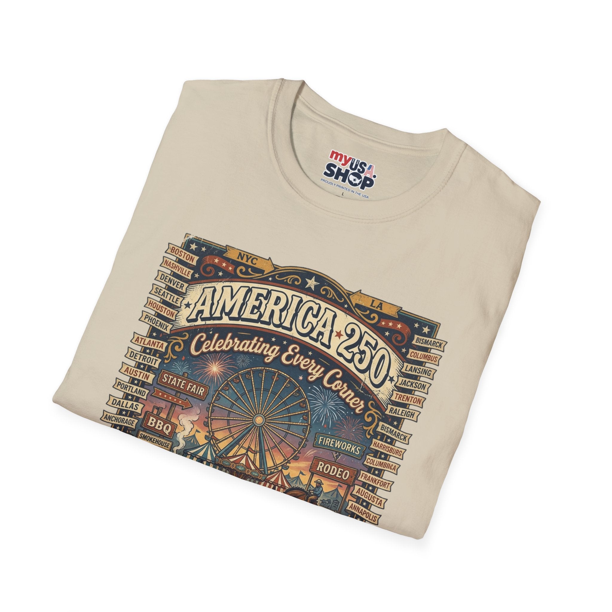 America 250 Celebration T-Shirt — Vintage Fair Ferris Wheel Patriotic Tee Pop Culture