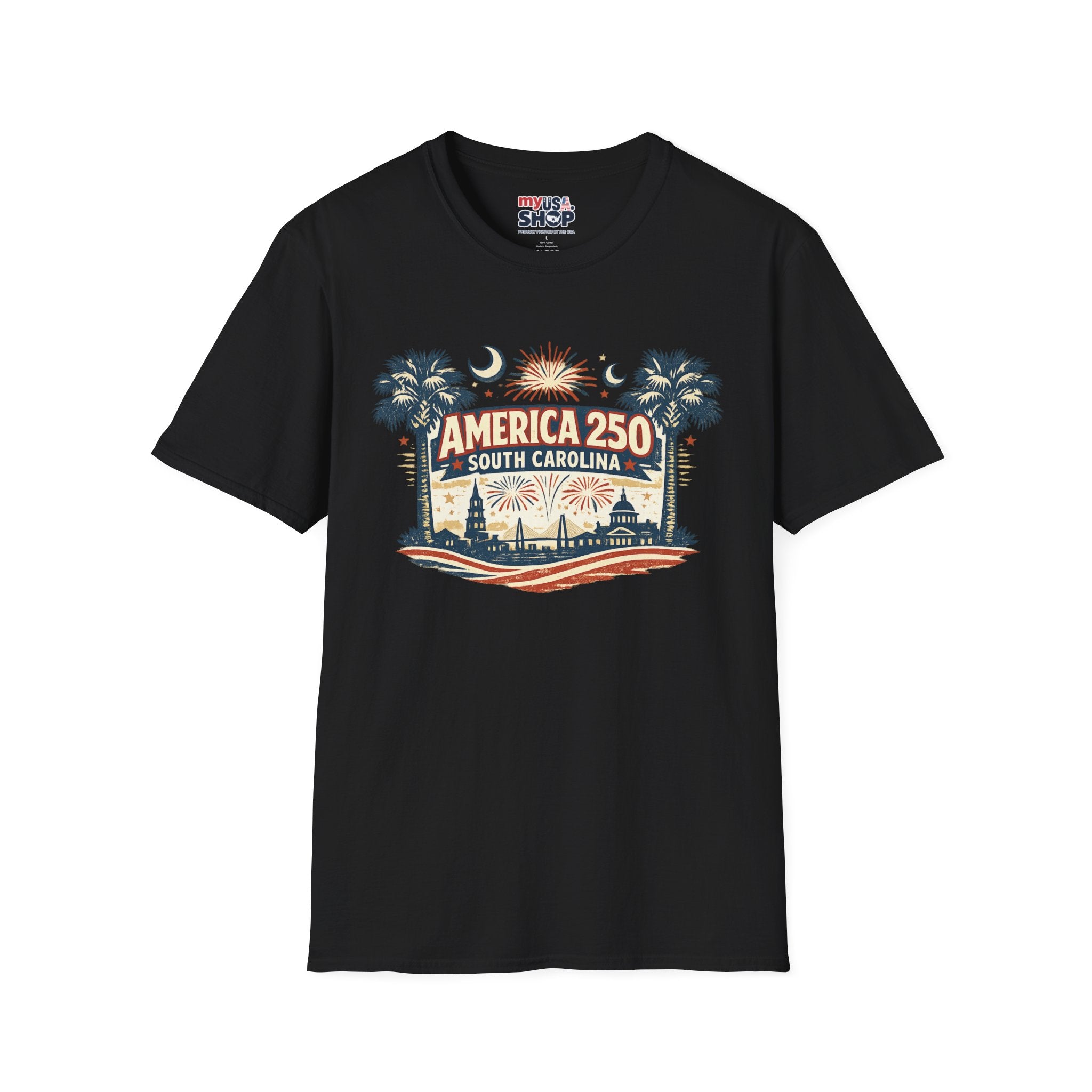 America 250 South Carolina T‑Shirt — Patriotic 250th Anniversary Tee with Palms & Fireworks