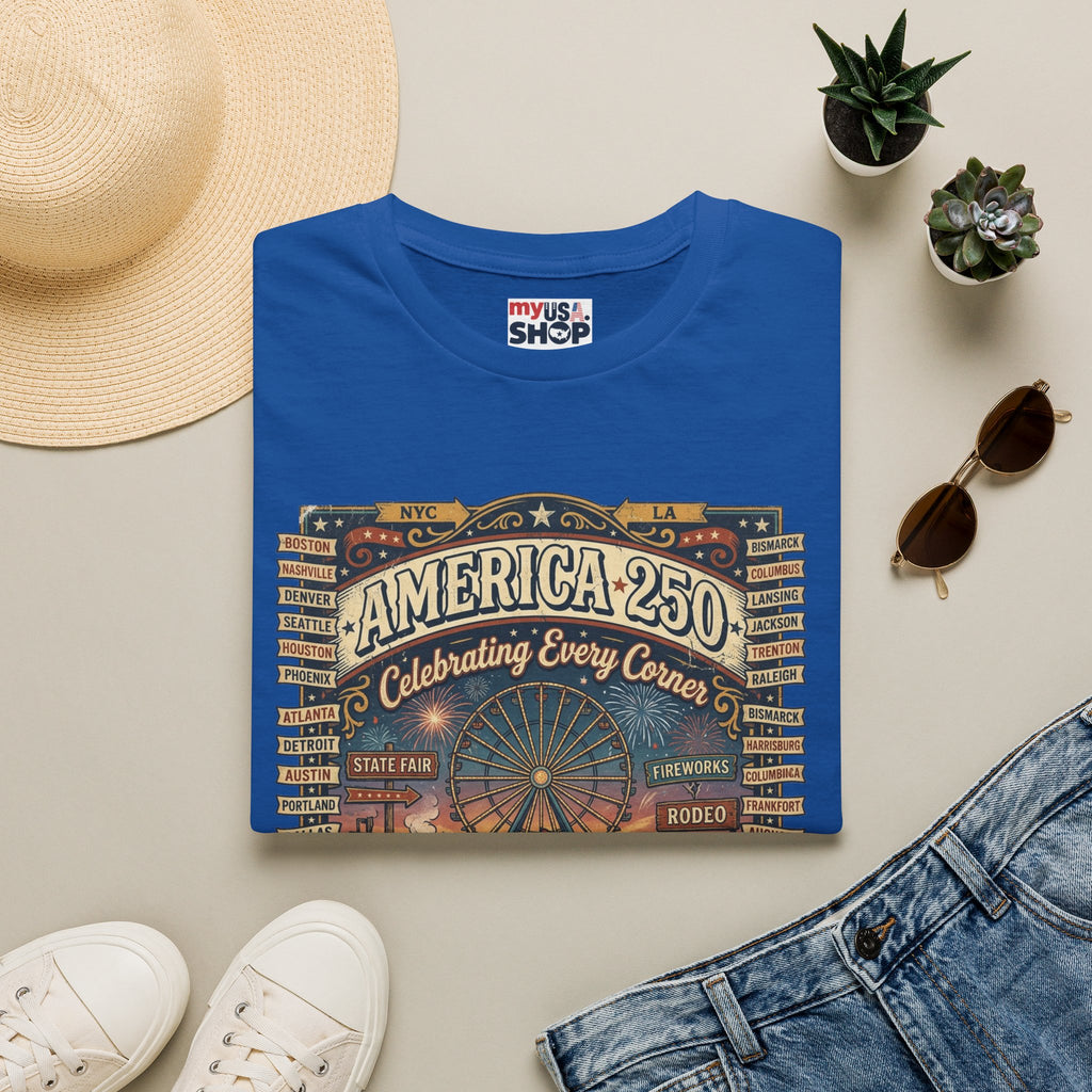 America 250 Celebration T-Shirt — Vintage Fair Ferris Wheel Patriotic Tee Pop Culture