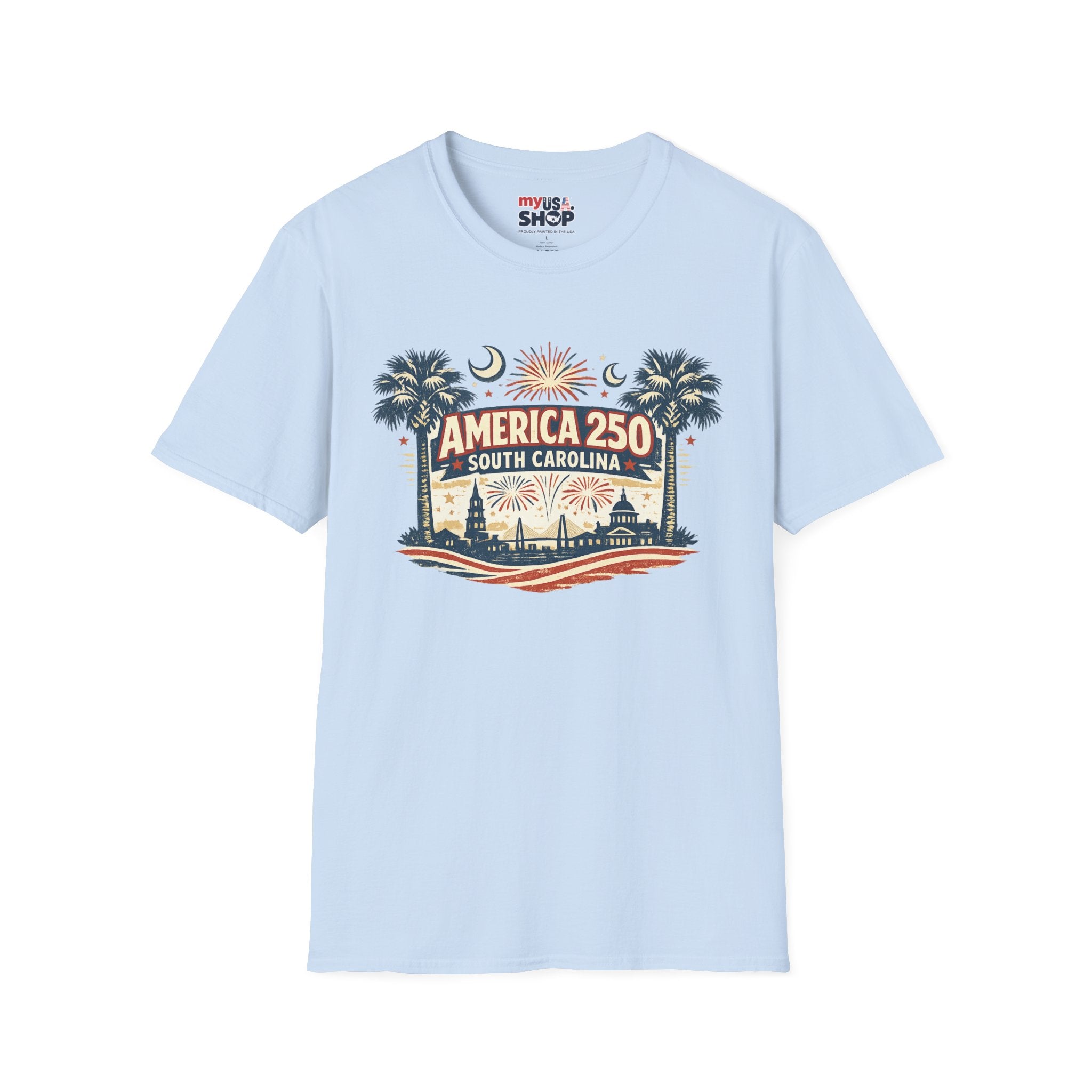 America 250 South Carolina T‑Shirt — Patriotic 250th Anniversary Tee with Palms & Fireworks