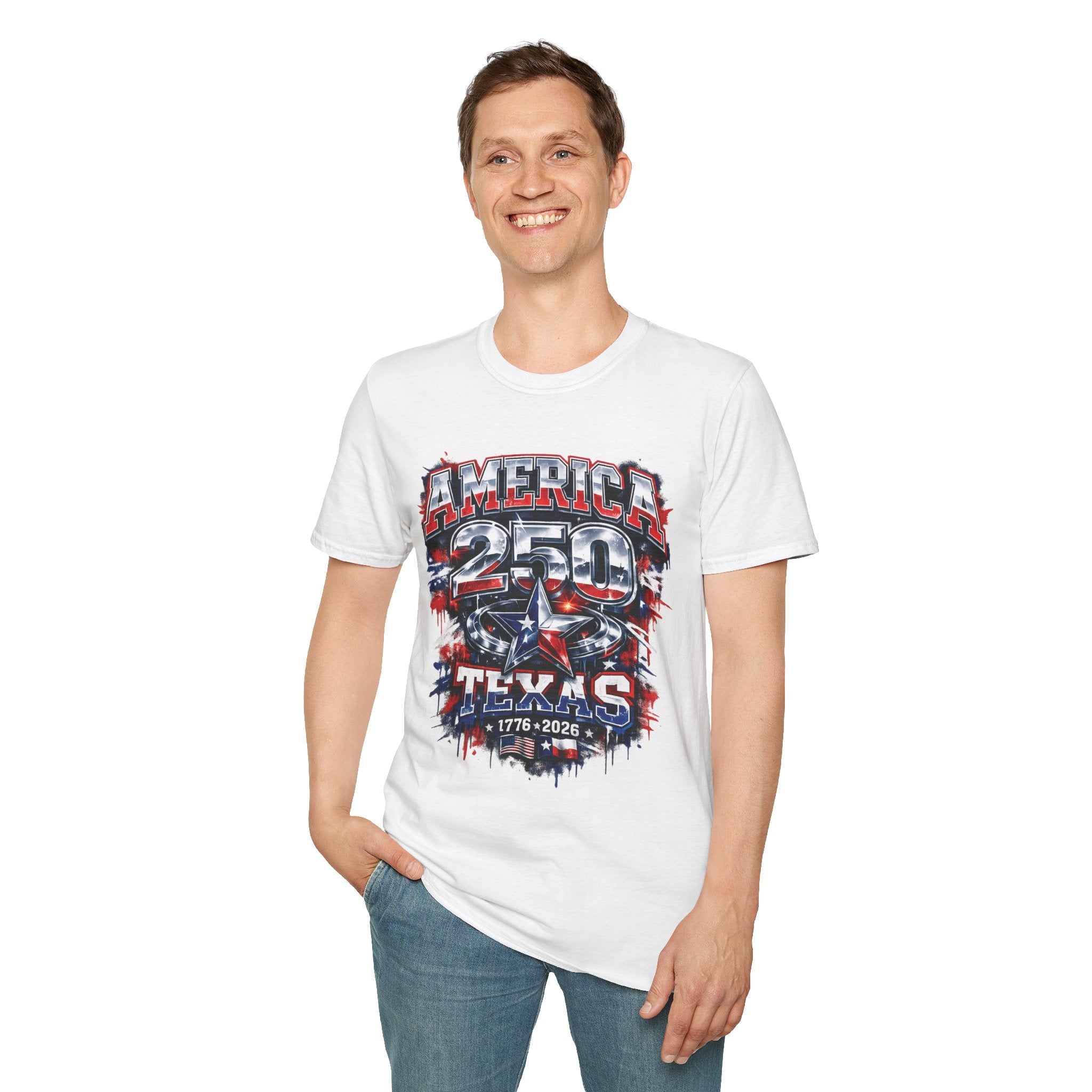 America 250 Texas Shirt — Patriotic Chrome Star Graphic Tee