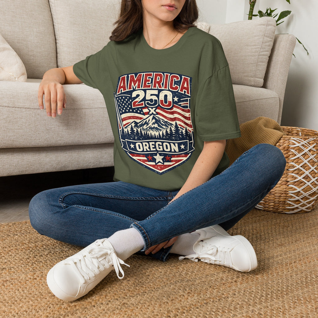 America 250 Oregon Shirt — Patriotic Mountain Flag Badge Tee