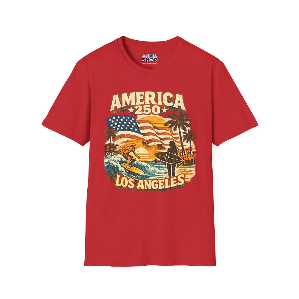 America 250 Los Angeles Surfers Beach Flag Palm Trees Sunset Retro California Tee