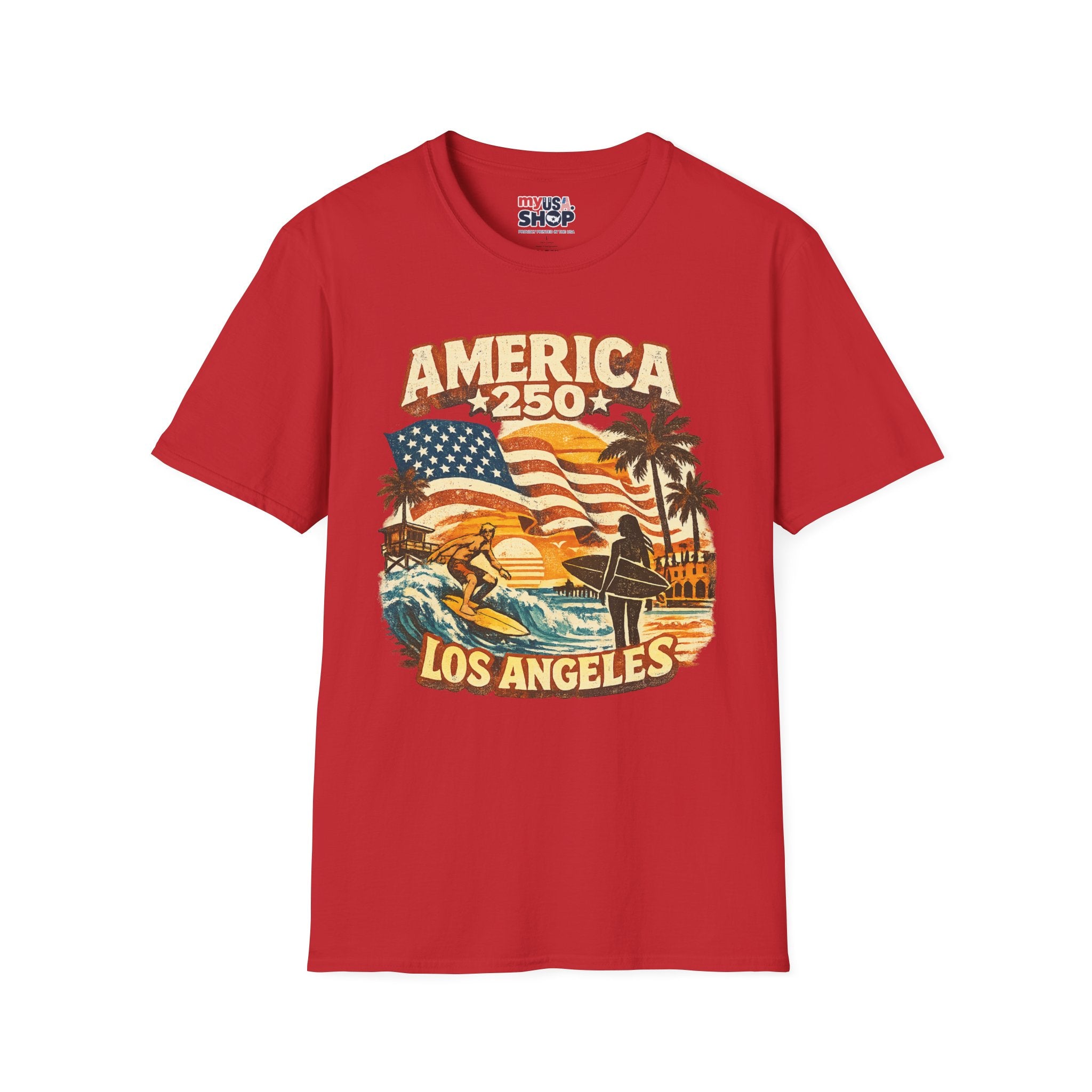 America 250 Los Angeles Surfers Beach Flag Palm Trees Sunset Retro California Tee