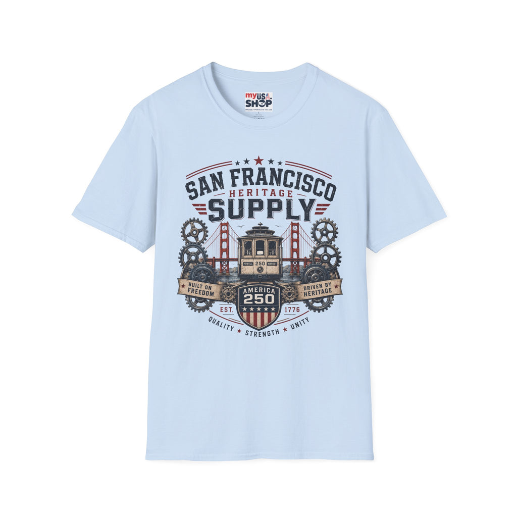 San Francisco Heritage Supply T-Shirt — Vintage Cable Car & Golden Gate Graphic
