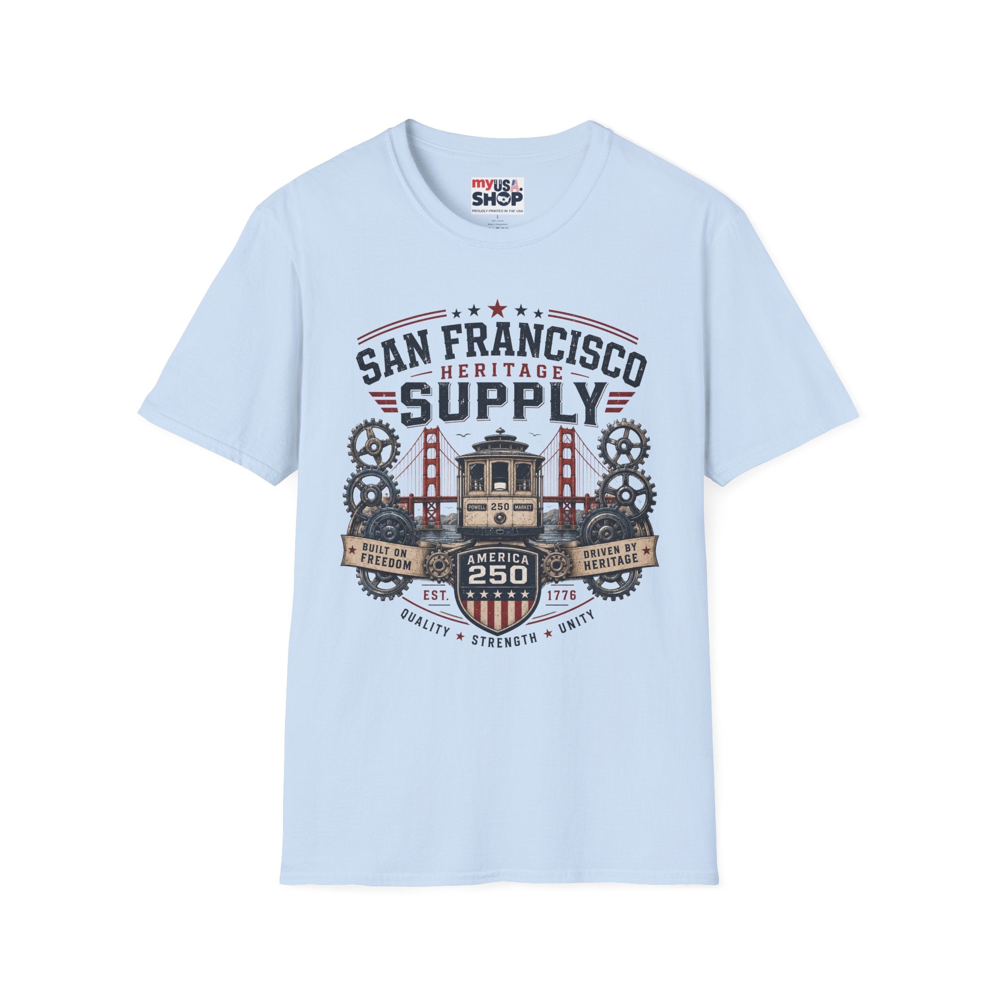 San Francisco Heritage Supply T-Shirt — Vintage Cable Car & Golden Gate Graphic