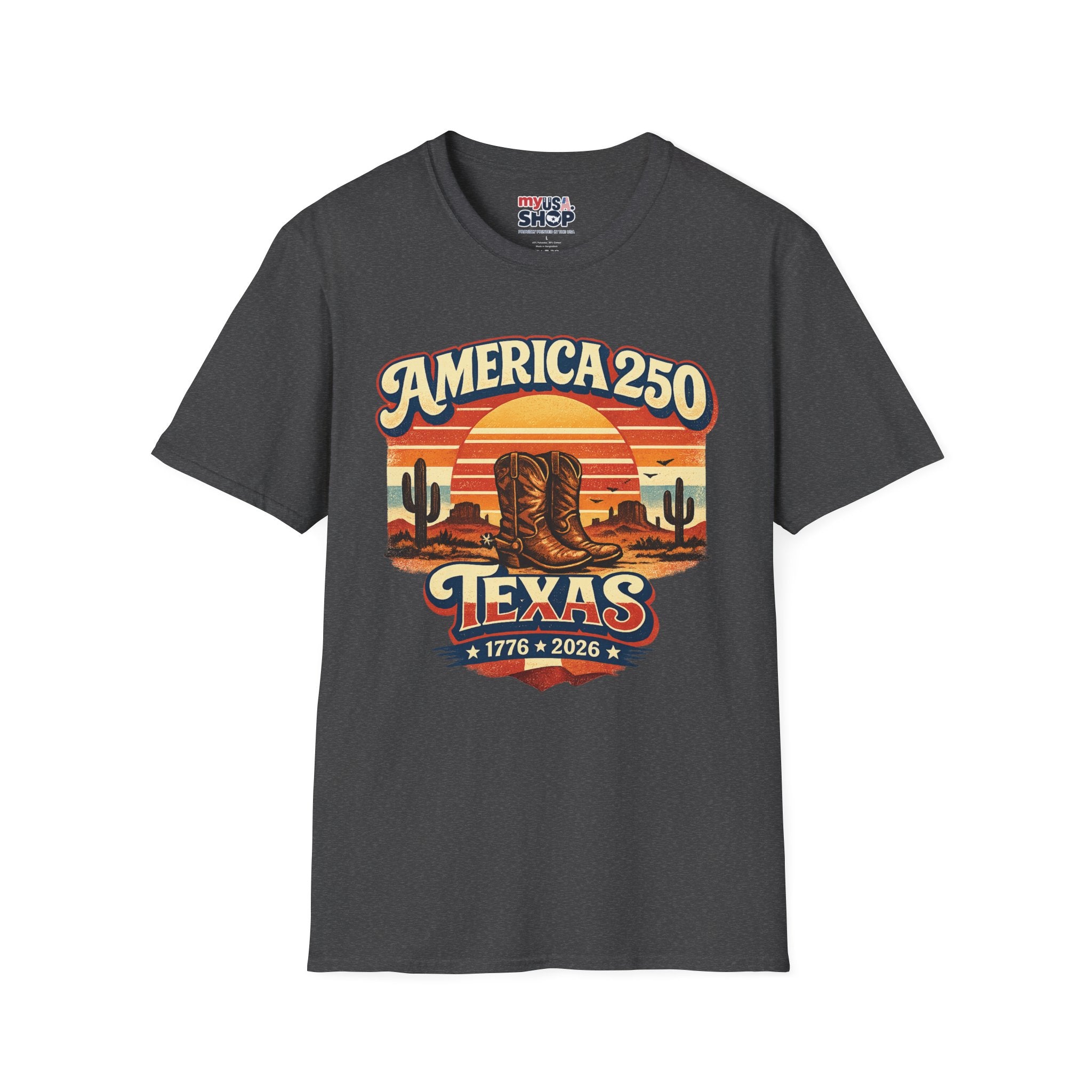 America 250 Texas T-Shirt — 1776–2026 Retro Cowboy Boots Sunset Design