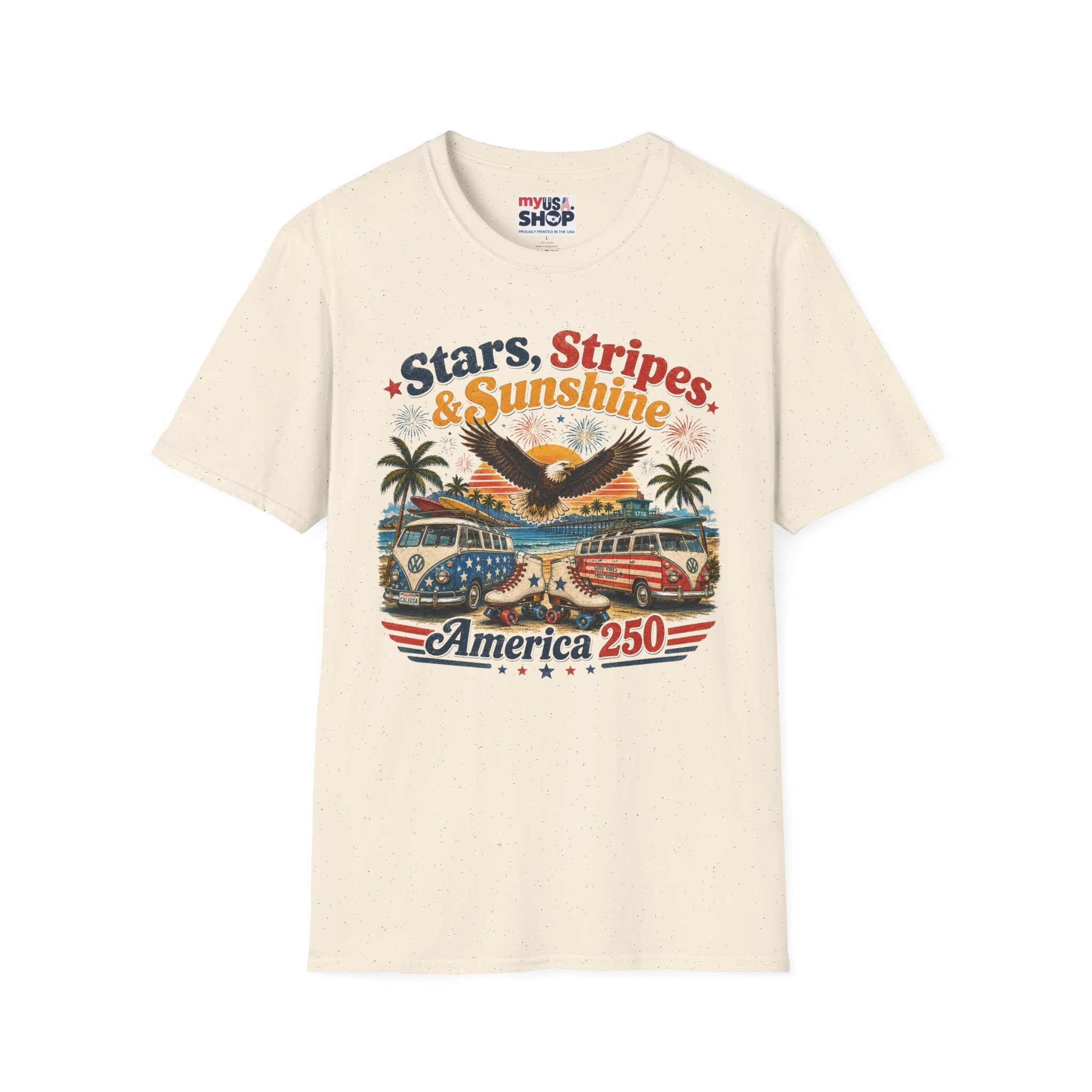 America 250 Stars, Stripes & Sunshine T-Shirt — Vintage Eagle Beach Americana Tee