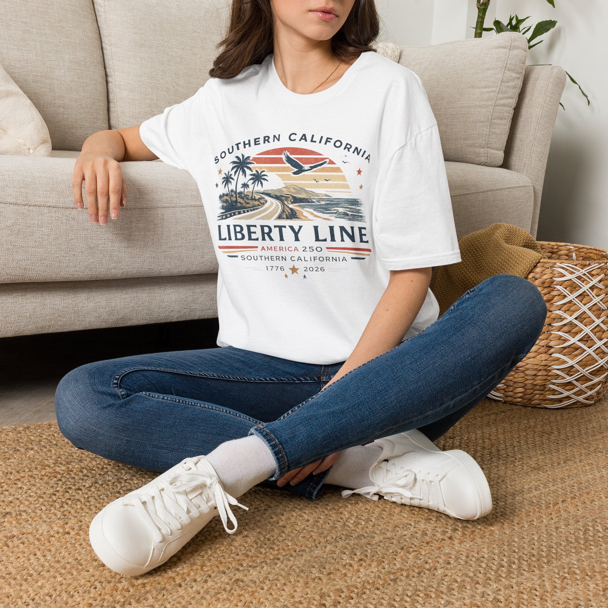America 250 Southern California Liberty Line T-Shirt — Retro Beach Sunset Graphic