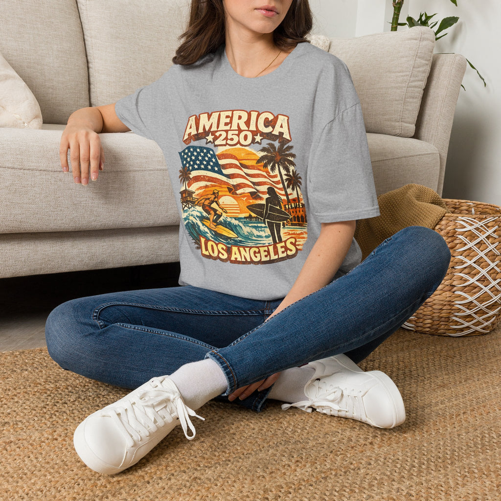 America 250 Los Angeles Surfers Beach Flag Palm Trees Sunset Retro California Tee