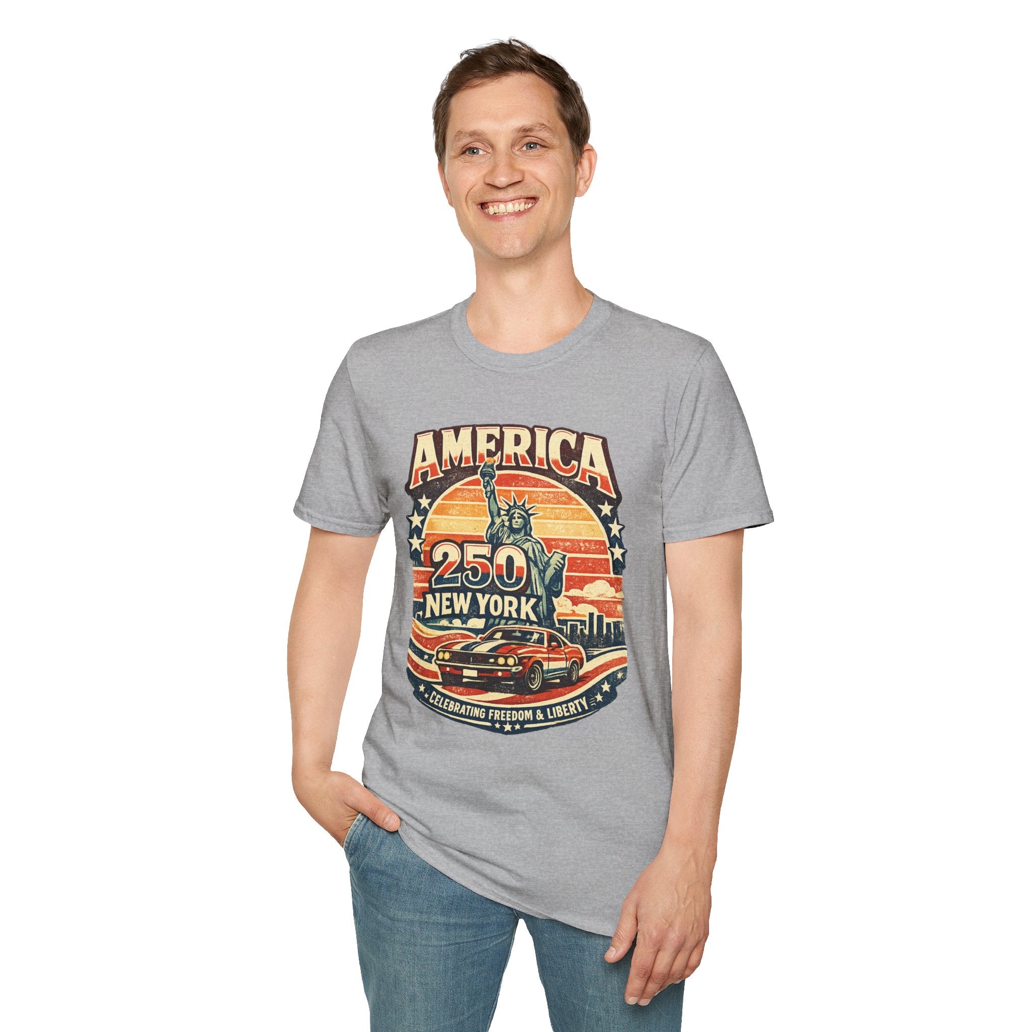 America 250 New York T-Shirt — Retro Statue of Liberty Graphic