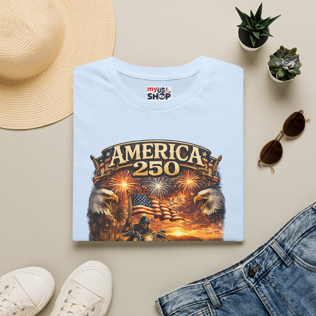 America 250 Celebration T-Shirt — Patriotic Fireworks & Bald Eagle Tee