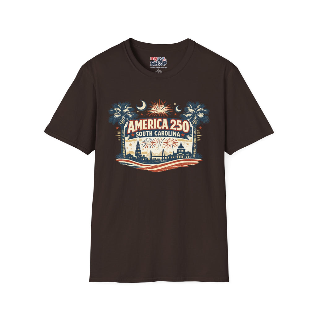 America 250 South Carolina T‑Shirt — Patriotic 250th Anniversary Tee with Palms & Fireworks