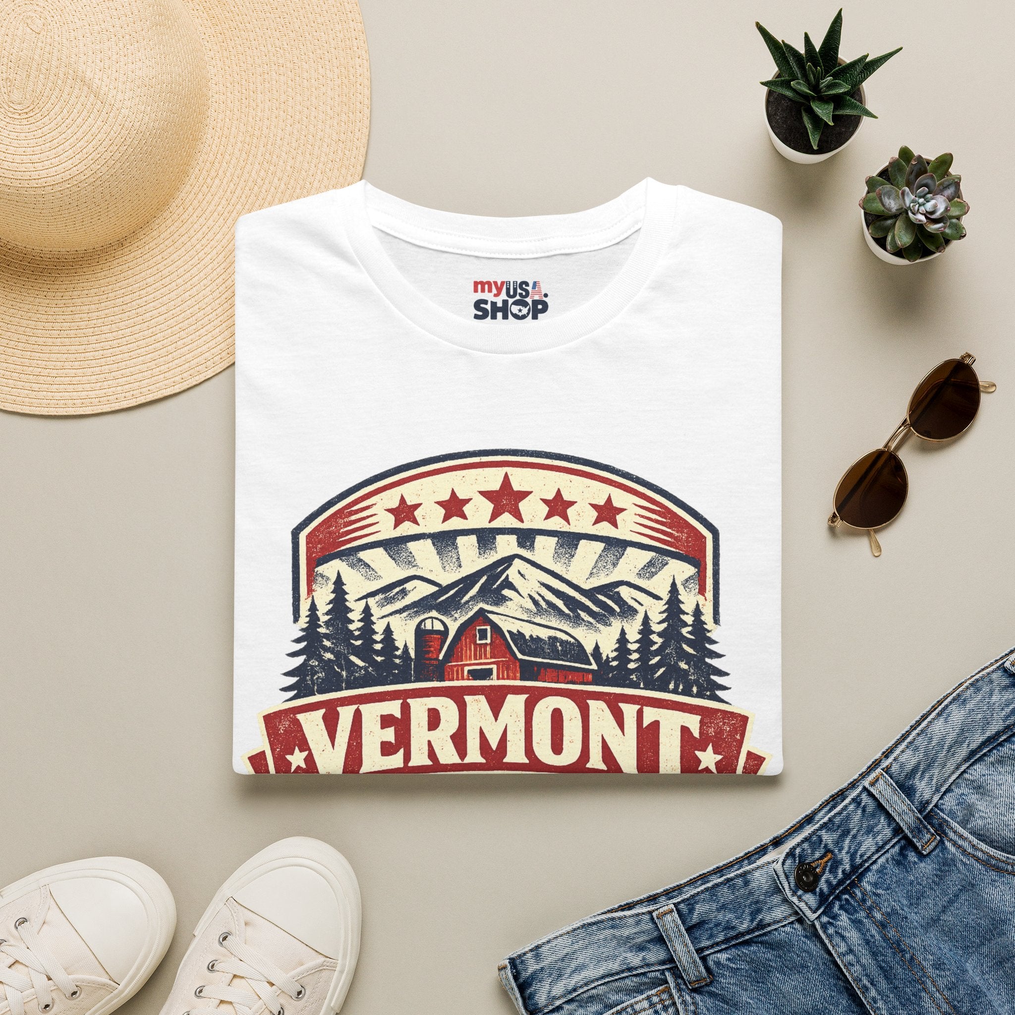Vermont America 250 T-Shirt — Retro Mountain Cabin Design