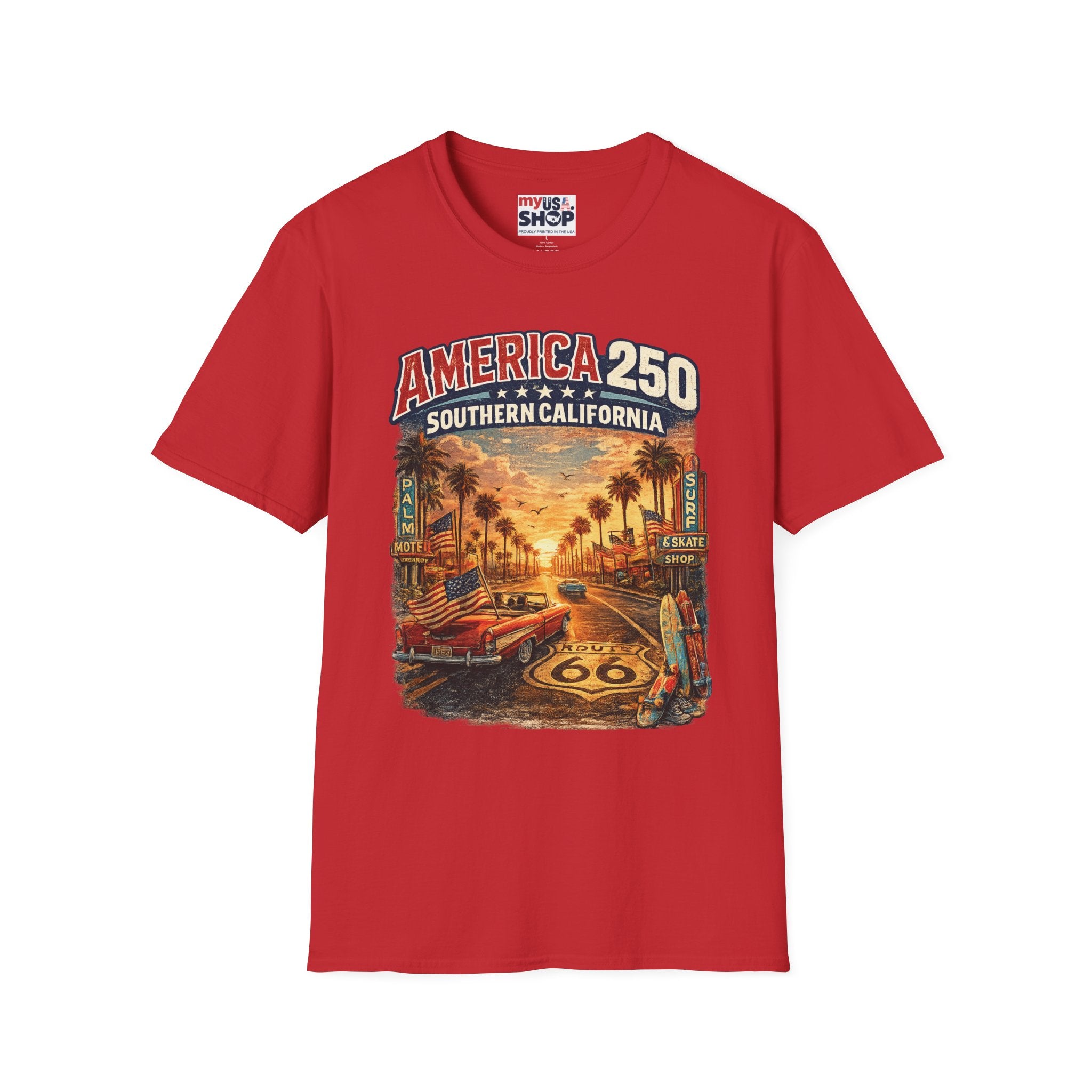 America 250 Southern California Sunset T‑Shirt — Retro Route 66 Palm Tree Tee