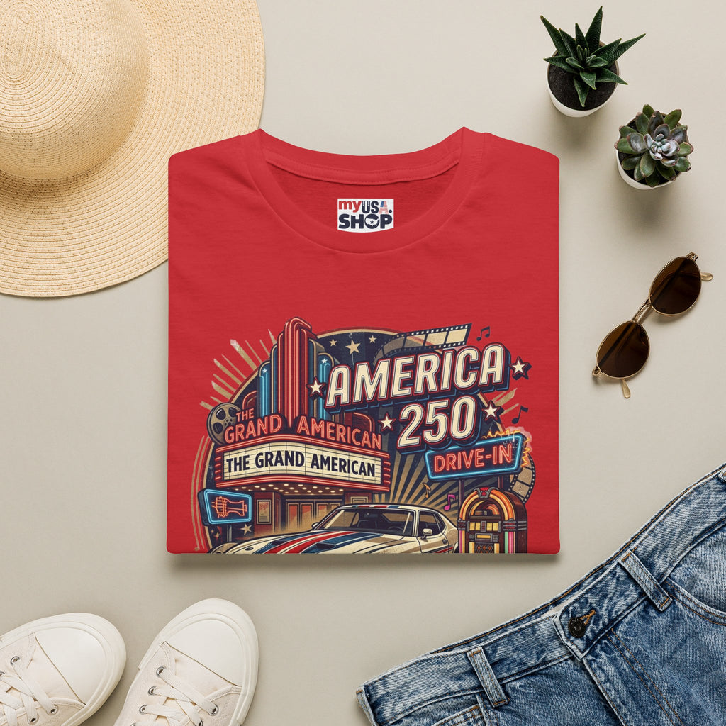 America 250 Vintage Drive-In Car T-Shirt — "Born to Entertain the World" Pop Culture