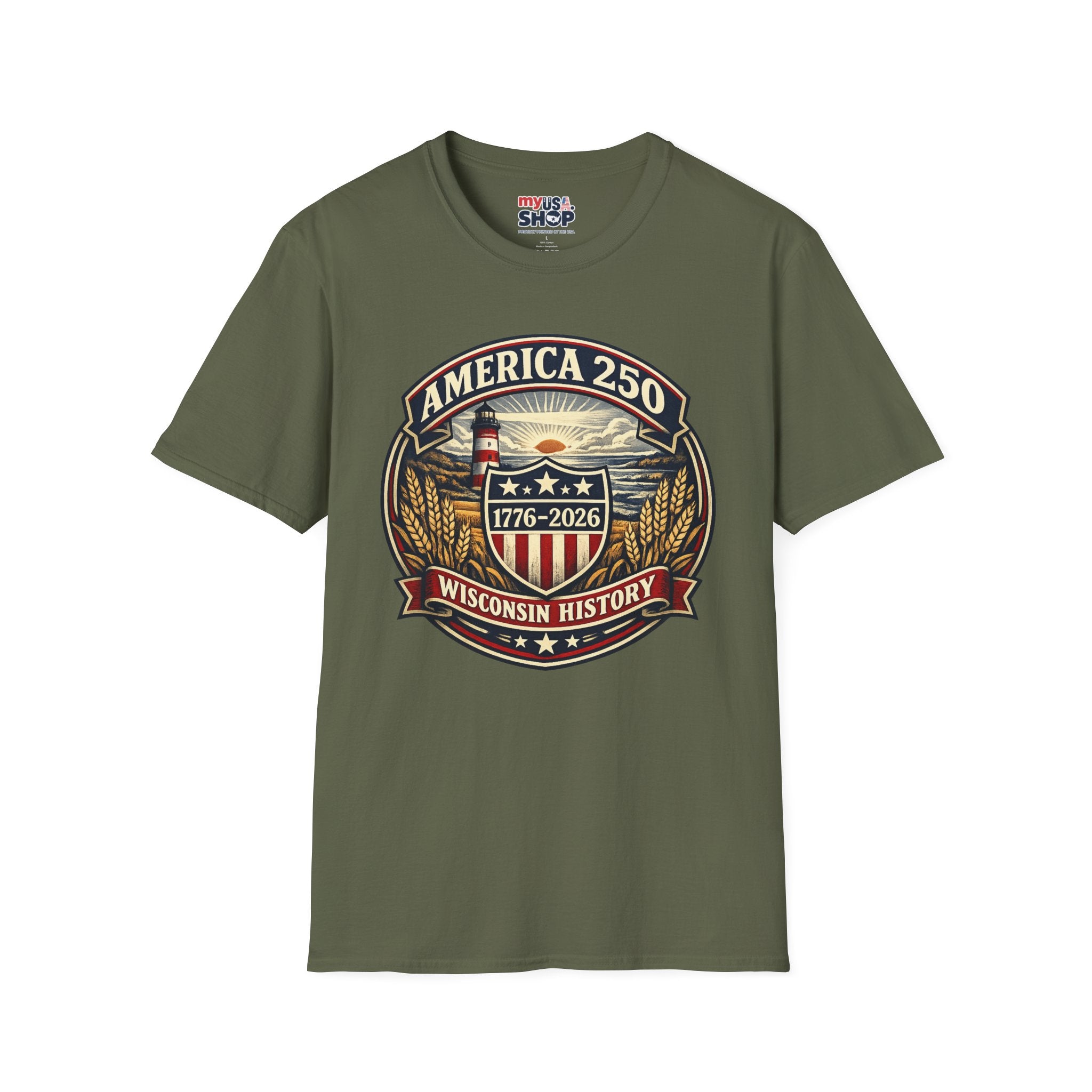 America 250 Commemorative T-Shirt – Wisconsin History Lighthouse Vintage Badge