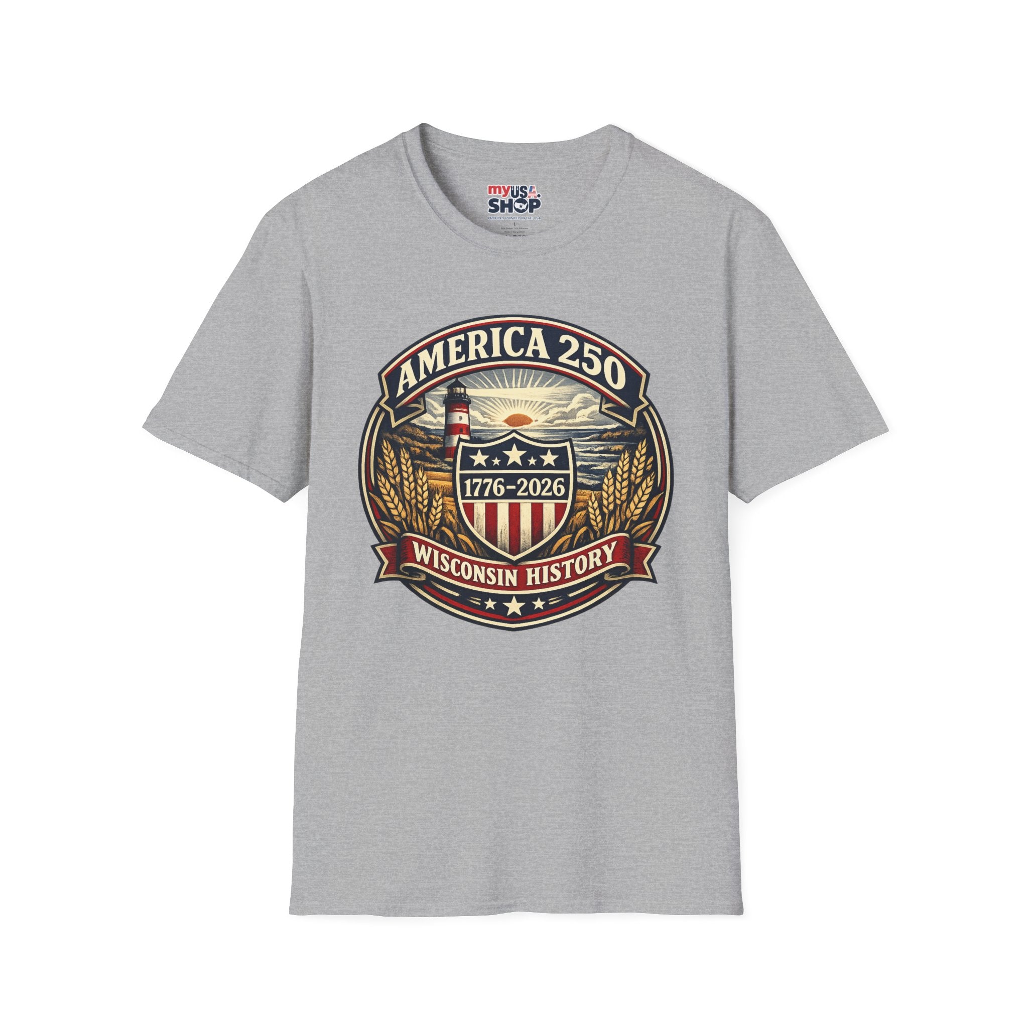 America 250 Commemorative T-Shirt – Wisconsin History Lighthouse Vintage Badge