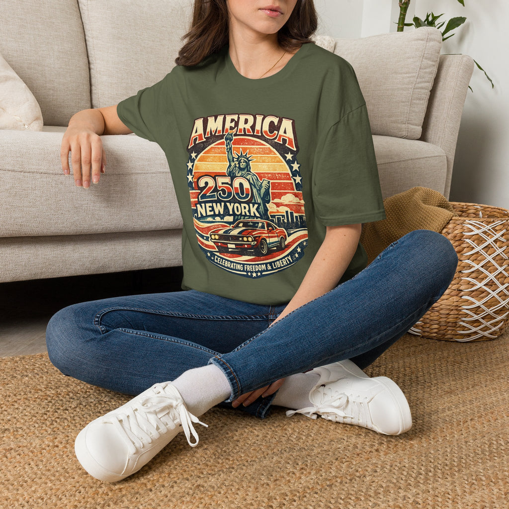 America 250 New York T-Shirt — Retro Statue of Liberty Graphic