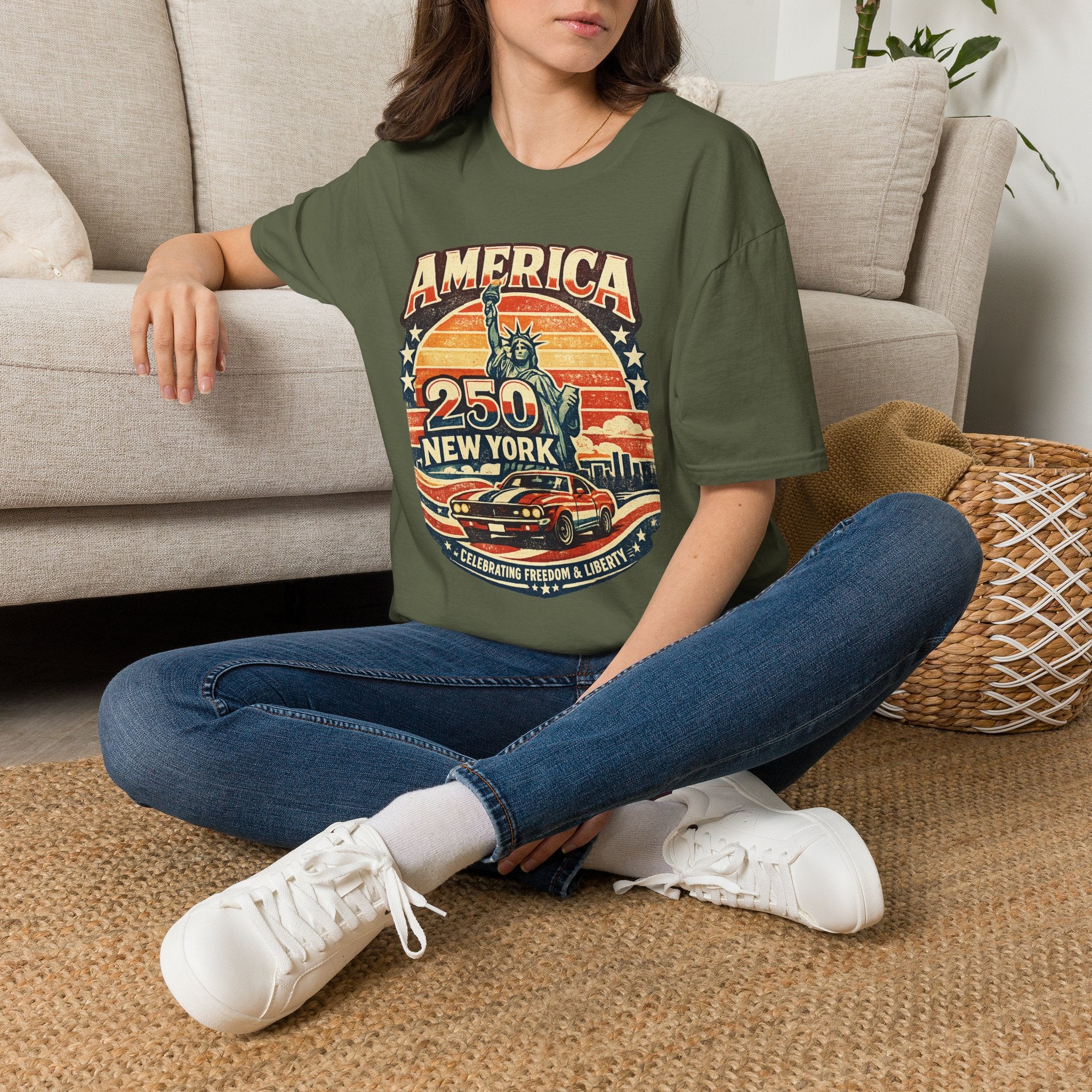 America 250 New York T-Shirt — Retro Statue of Liberty Graphic