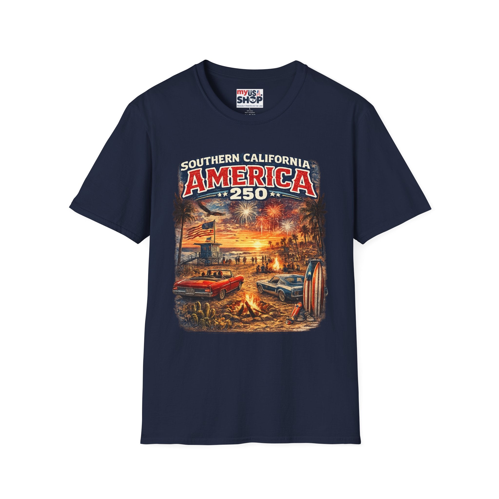 America 250 Southern California Sunset T-Shirt — Patriotic 4th of July Beach Vintage Tee