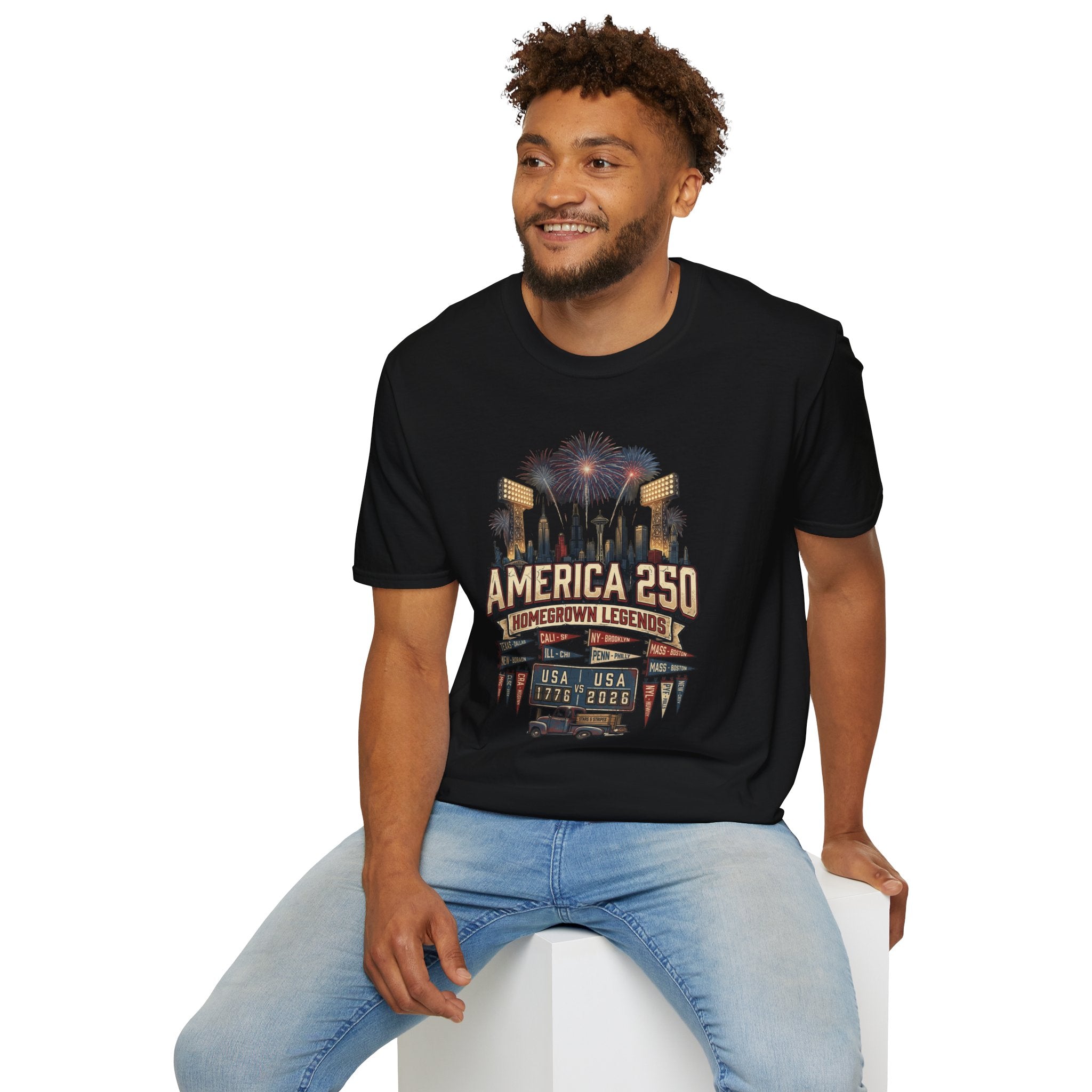 America 250 Celebration T‑Shirt — Hometown Legends Fireworks Skyline Pop Culture