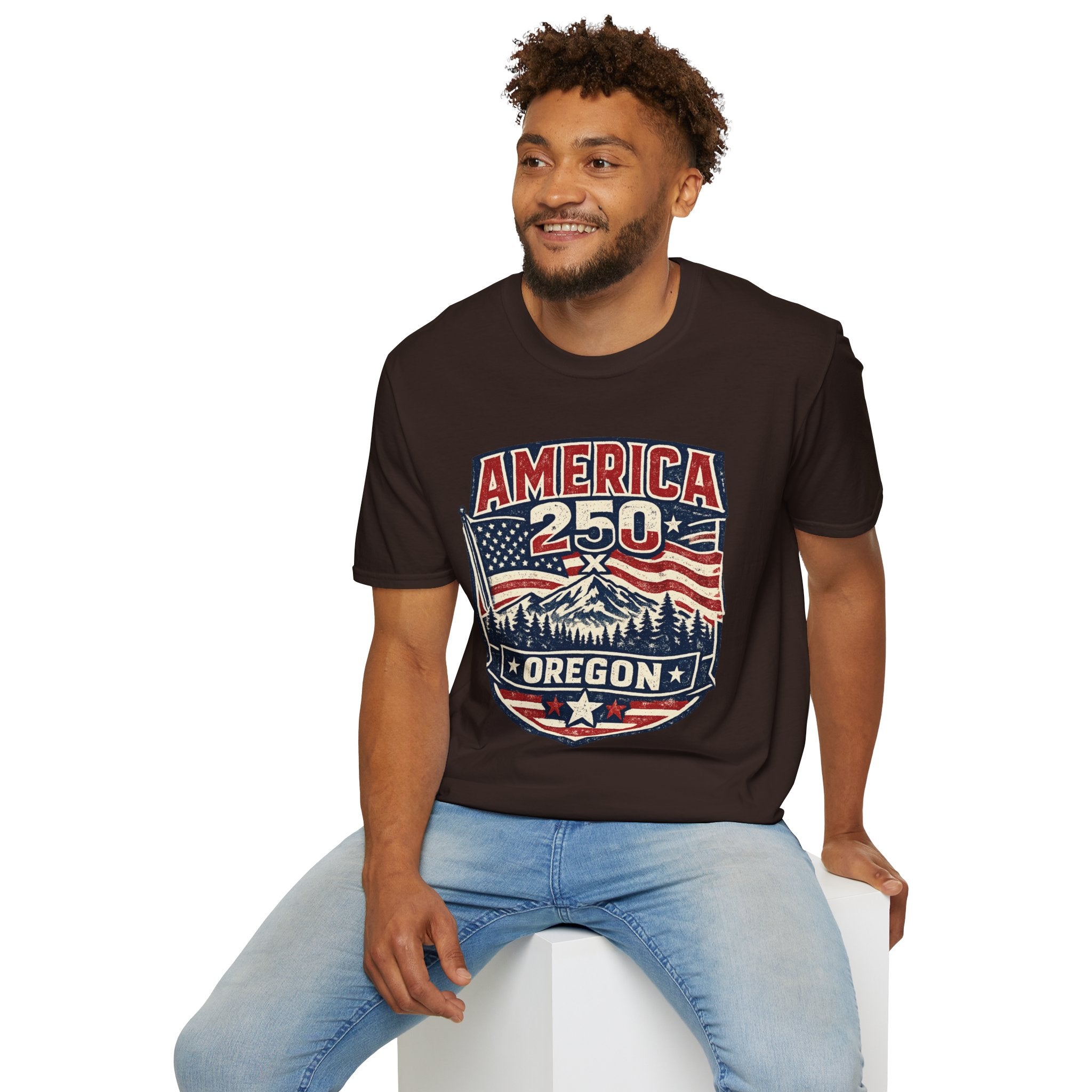 America 250 Oregon Shirt — Patriotic Mountain Flag Badge Tee