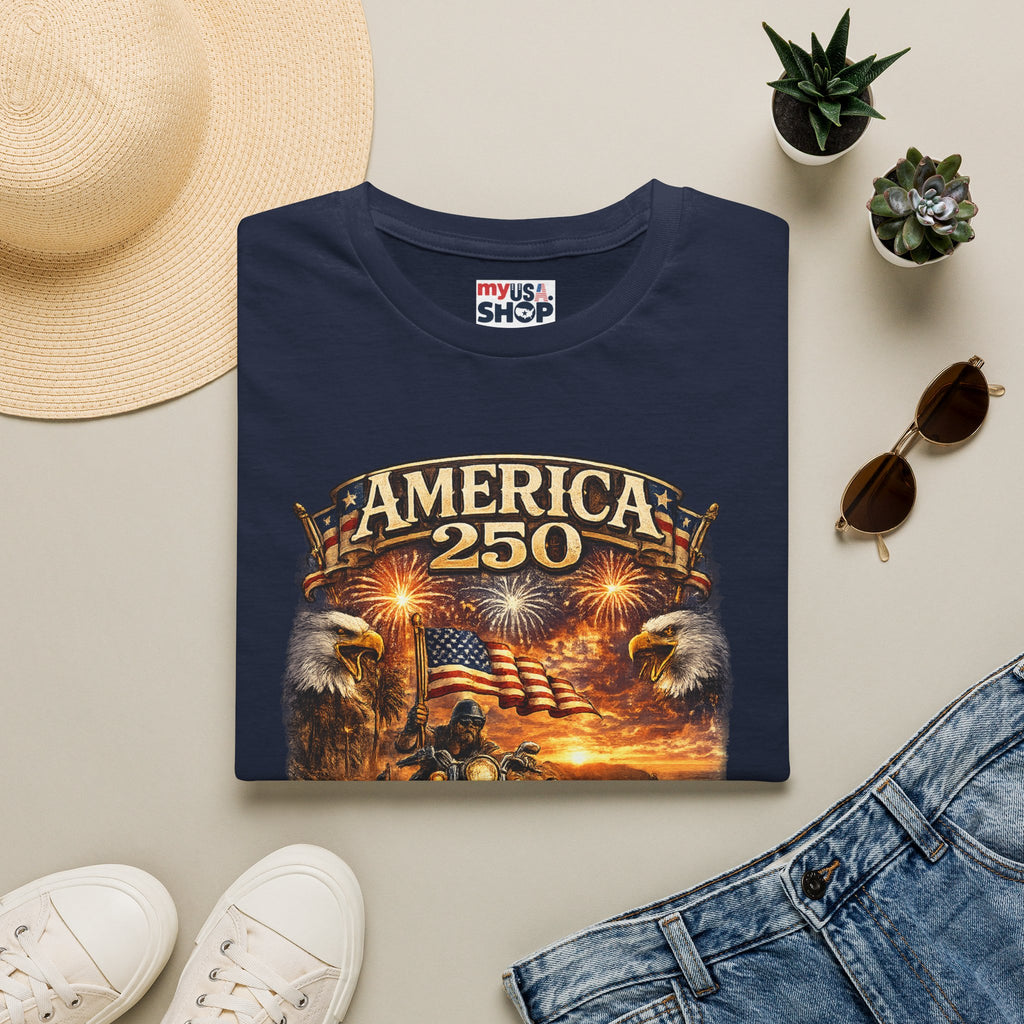 America 250 Celebration T-Shirt — Patriotic Fireworks & Bald Eagle Tee