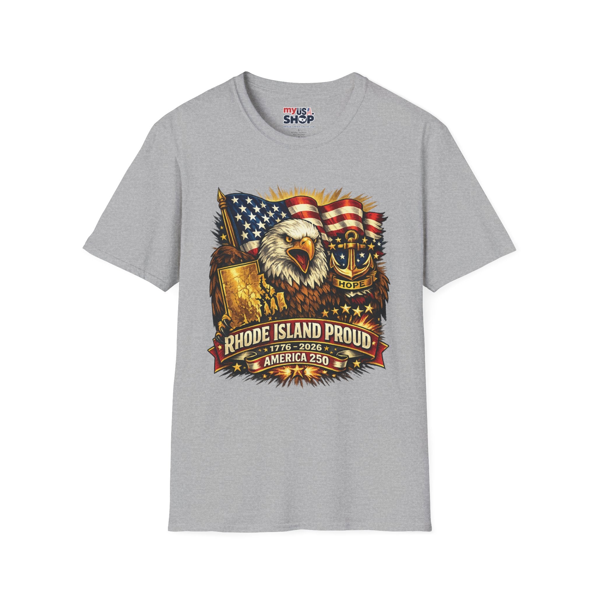 Rhode Island Proud America 250 T-Shirt — Patriotic Eagle Graphic Tee