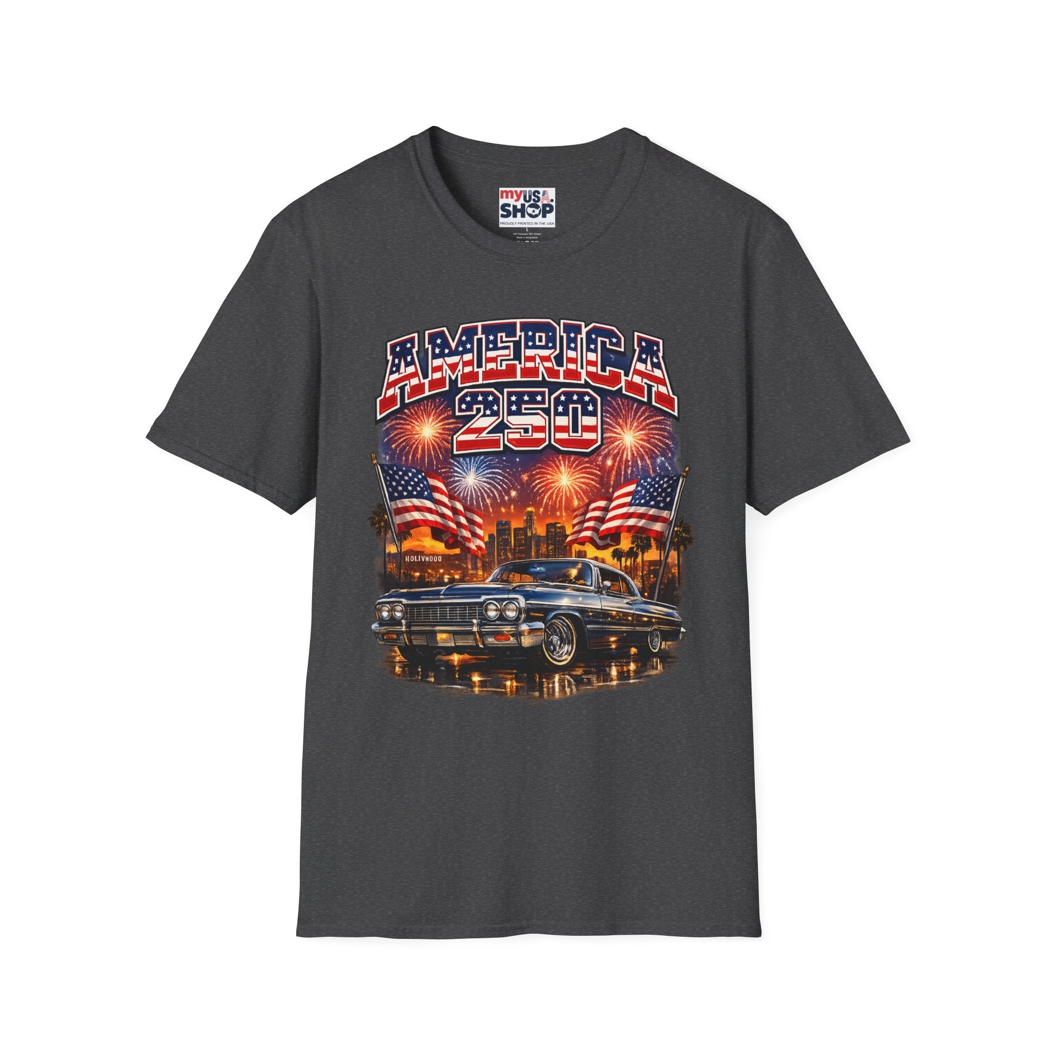 America 250 T-Shirt — Patriotic Fireworks Classic Car Tee for Independence Day
