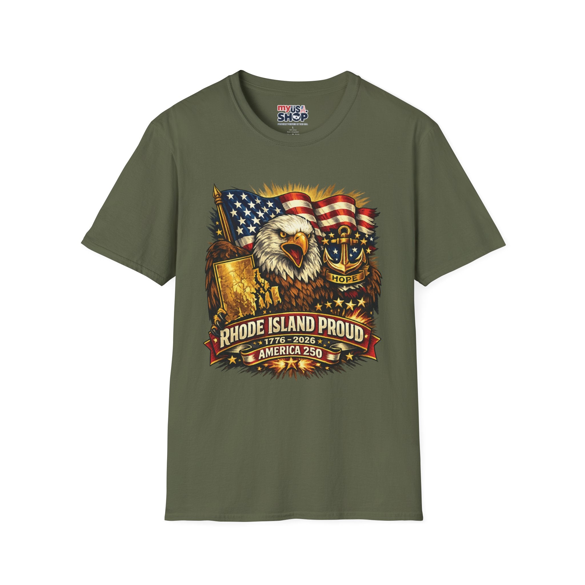 Rhode Island Proud America 250 T-Shirt — Patriotic Eagle Graphic Tee