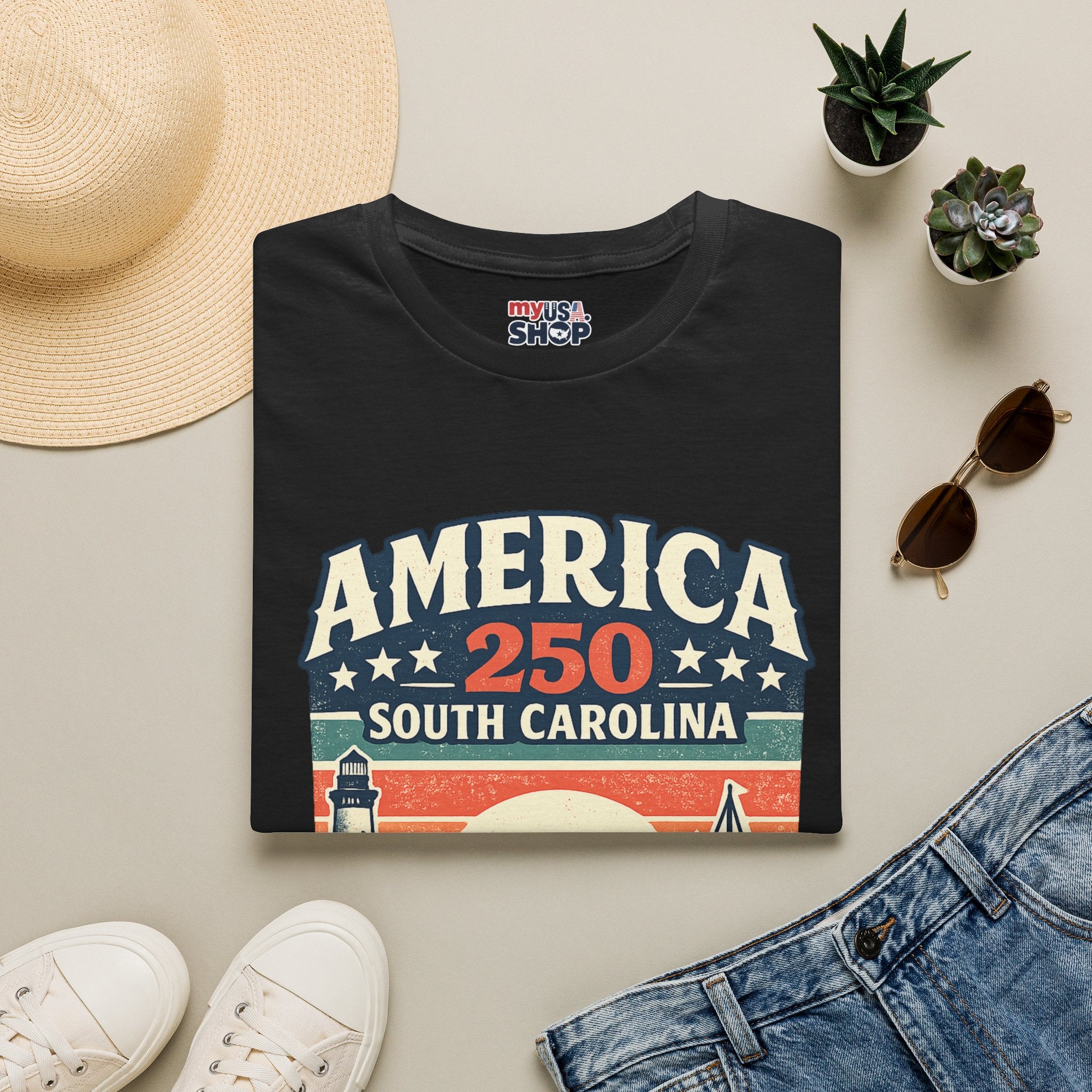 America 250 South Carolina T-Shirt – Retro Sunset Sailing Patriotic Tee