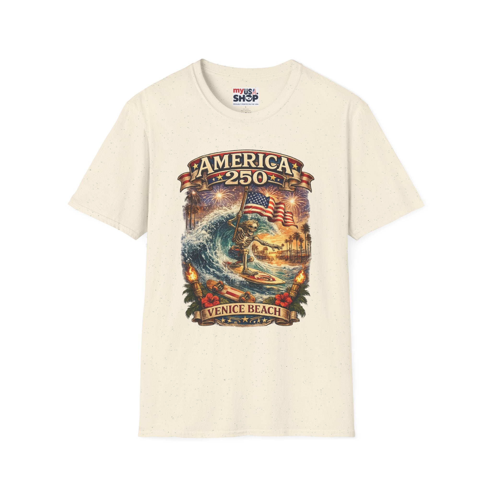 America 250 Venice Beach T-Shirt — Patriotic Vintage Surf & Fireworks Tee