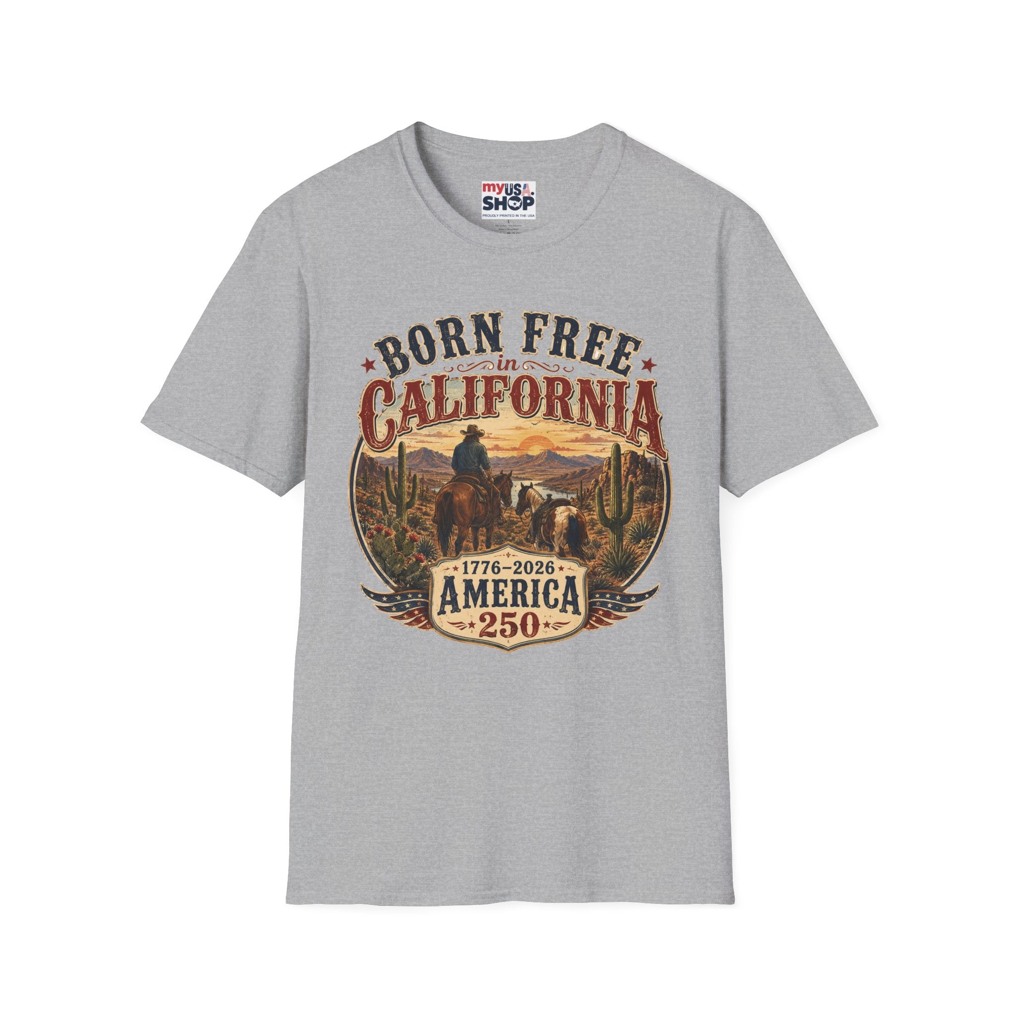 America 250 Born Free in California T-Shirt — Vintage Western Sunset Graphic