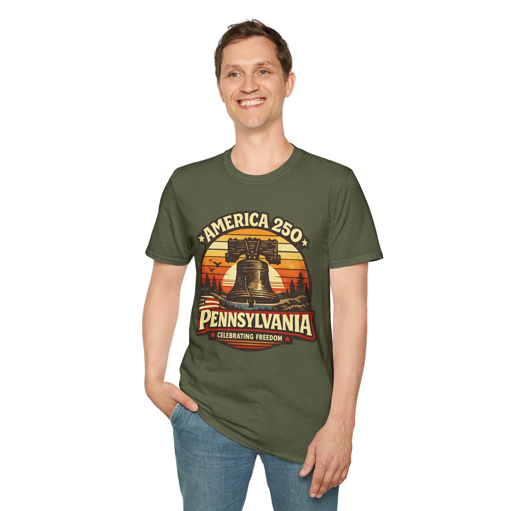 Pennsylvania America 250 Shirt — Retro Sunset Liberty Bell Graphic Tee