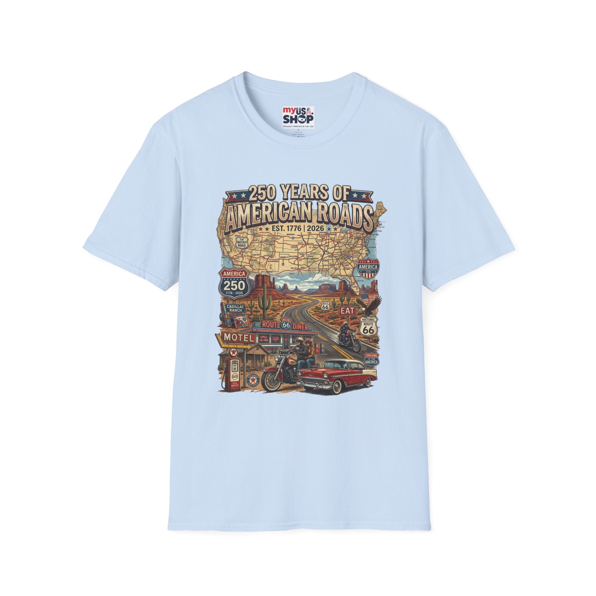 250 Years of American Roads T‑Shirt — Vintage USA Roadmap & Route 66 Travel Tee America 250 Pop Culture