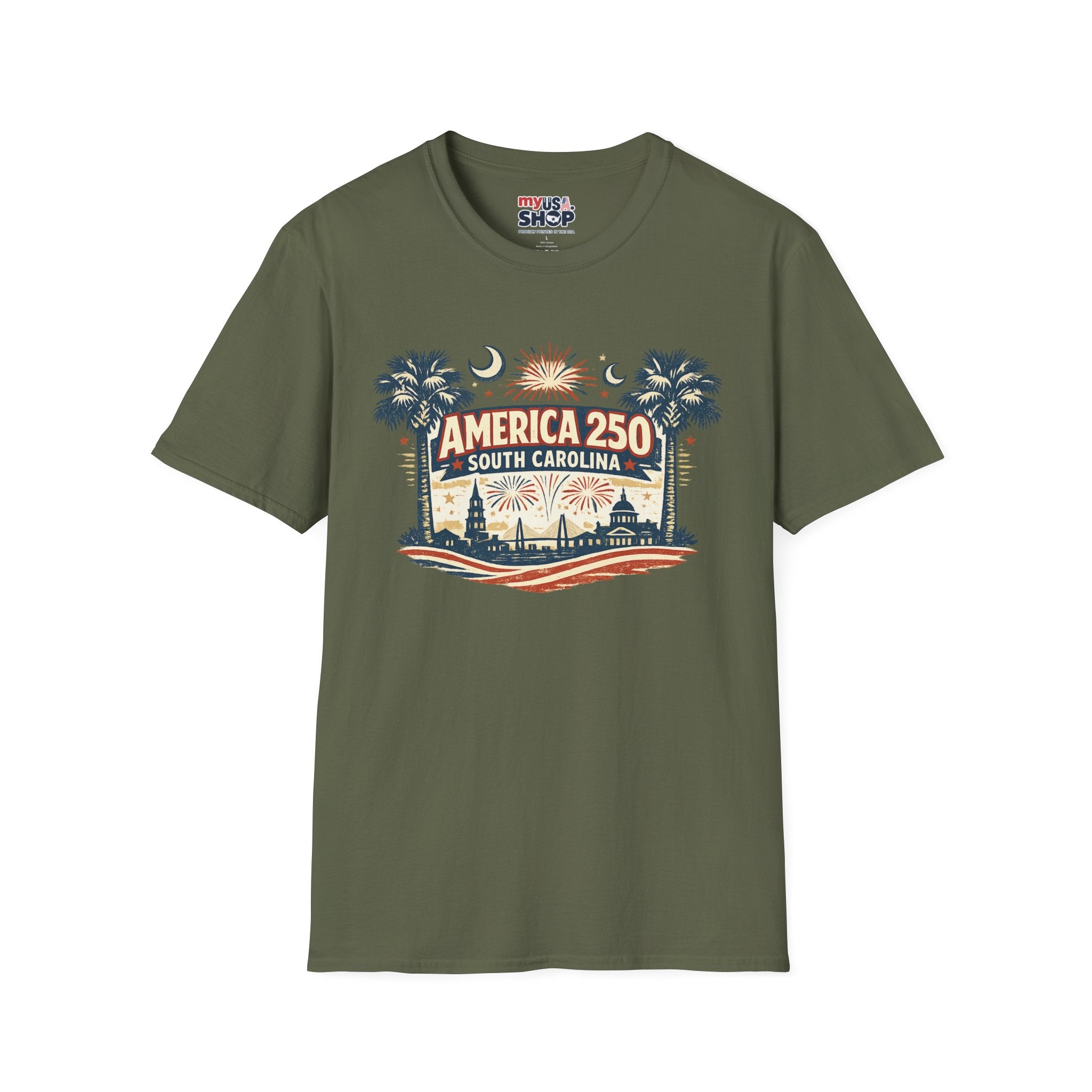 America 250 South Carolina T‑Shirt — Patriotic 250th Anniversary Tee with Palms & Fireworks