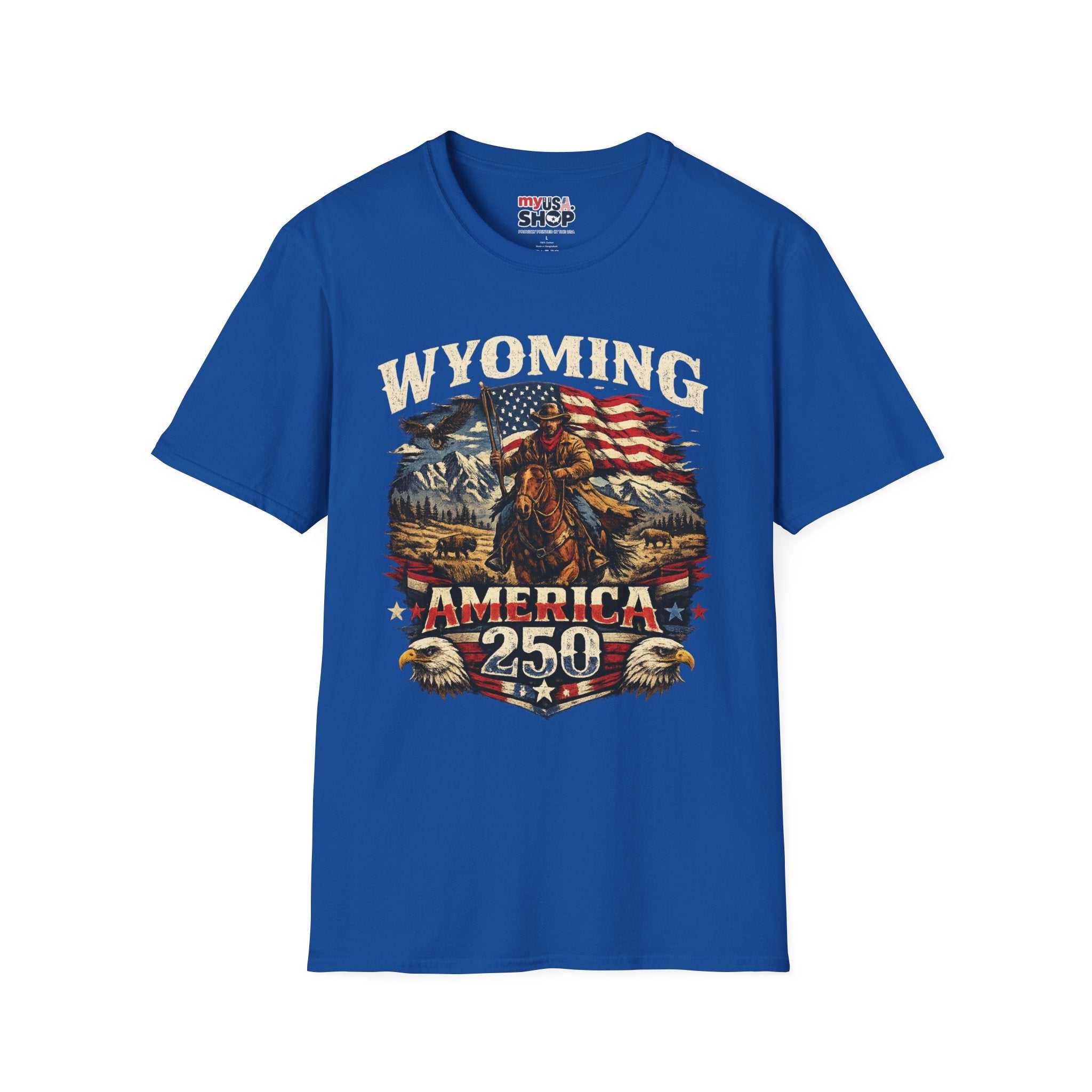 Wyoming Patriot Graphic T-Shirt — America 250 Flag & Cowboy Vintage Design