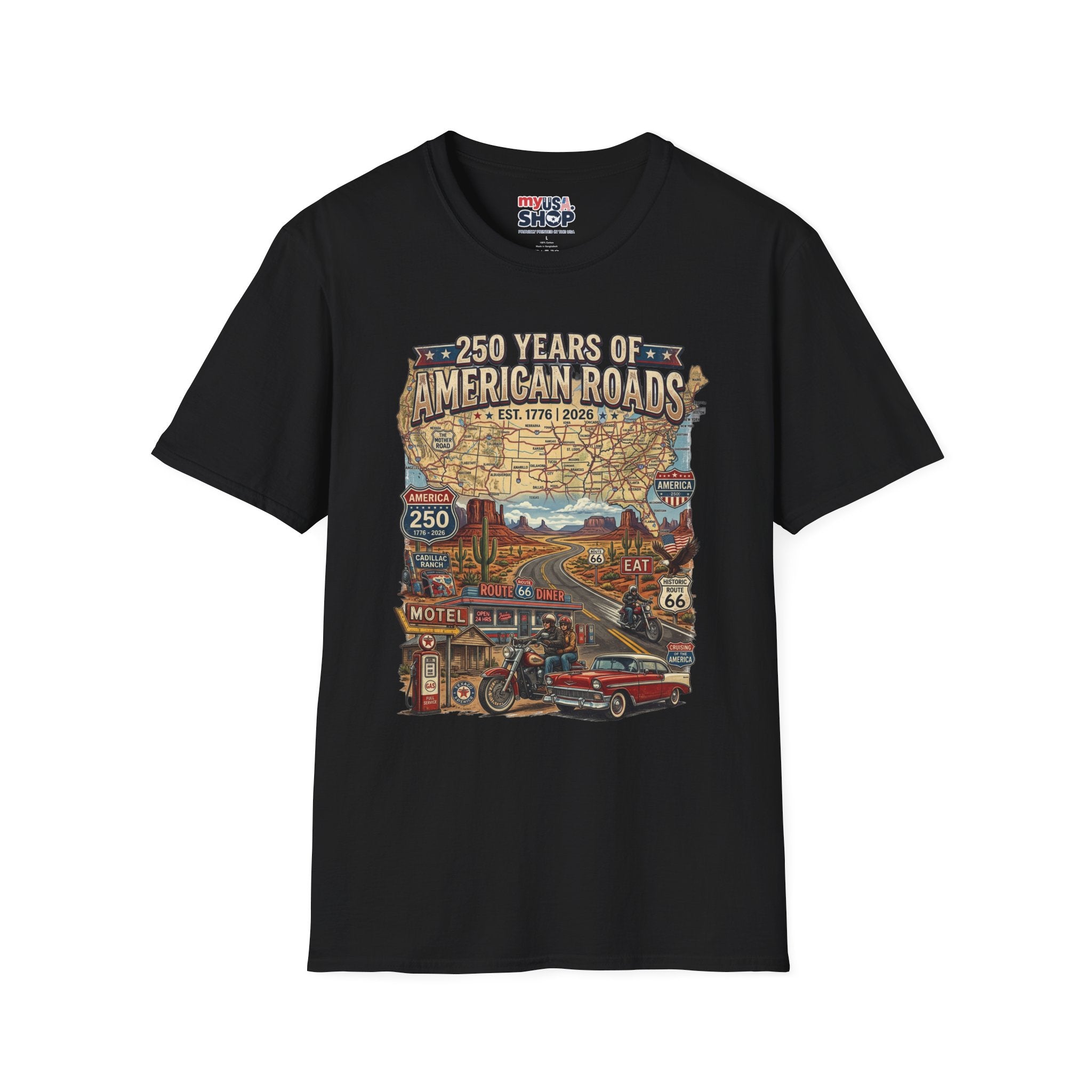 250 Years of American Roads T‑Shirt — Vintage USA Roadmap & Route 66 Travel Tee America 250 Pop Culture